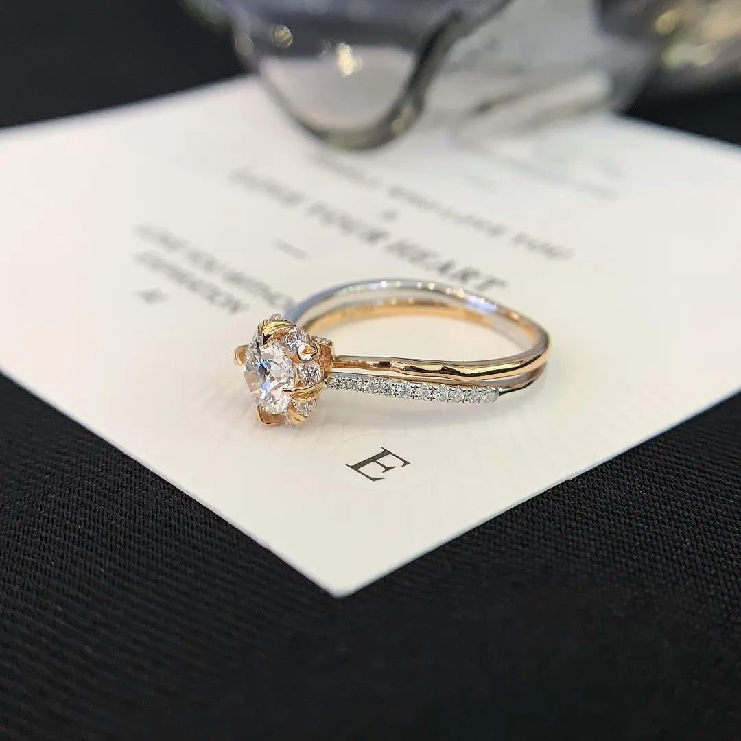0.85tcw Round Lab Diamond Engagement Ring | Double Wave Band | IGI Certified | Two-Tone Gold