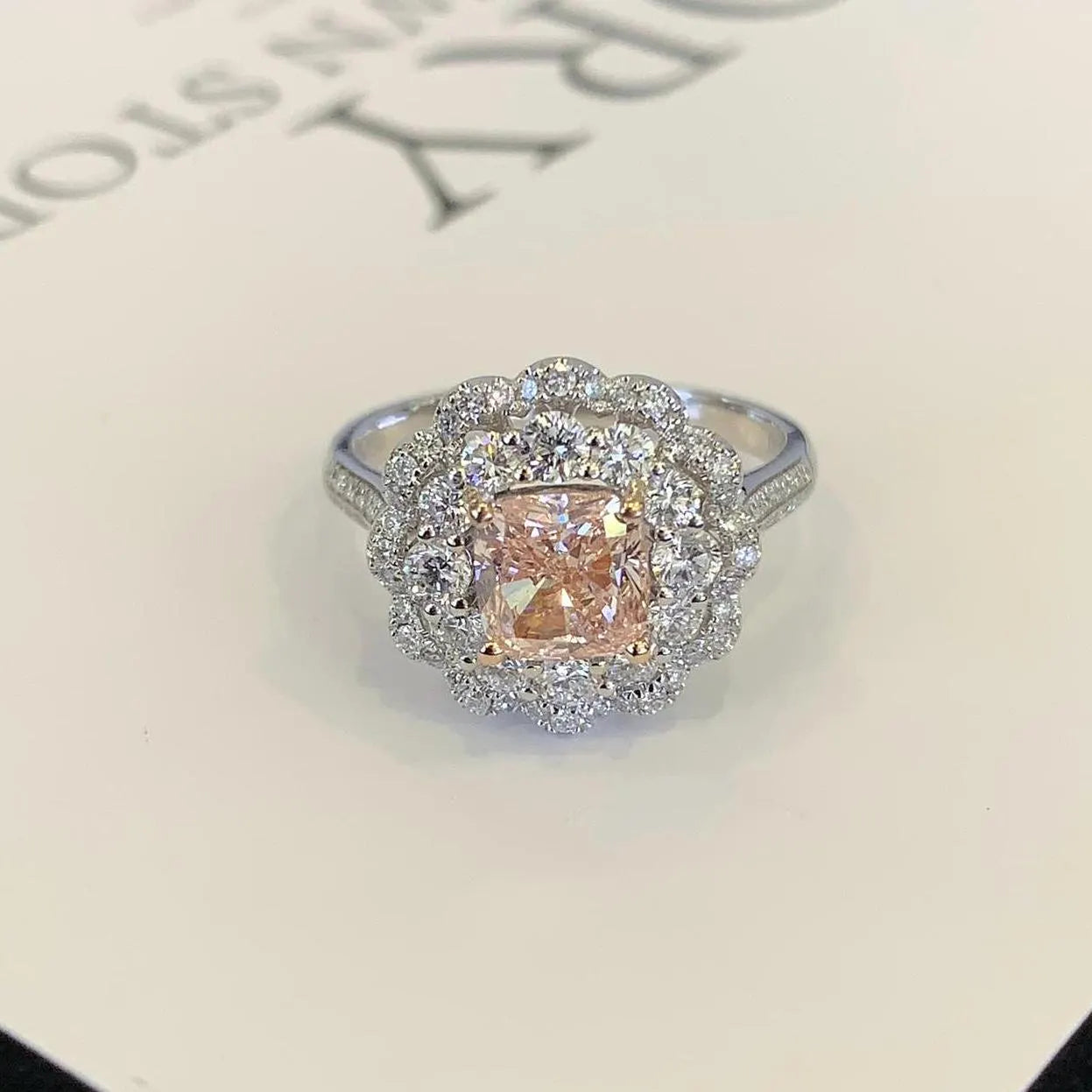 Fancy Pink Cushion 3.50tcw Lab Diamond Double Halo Ring | IGI Certified VVS–VS Clarity
