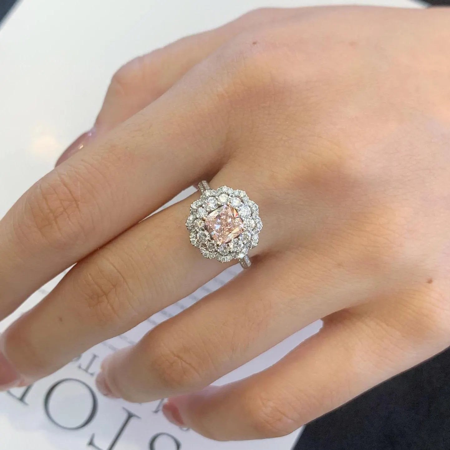 Fancy Pink Cushion 3.50tcw Lab Diamond Double Halo Ring | IGI Certified VVS–VS Clarity