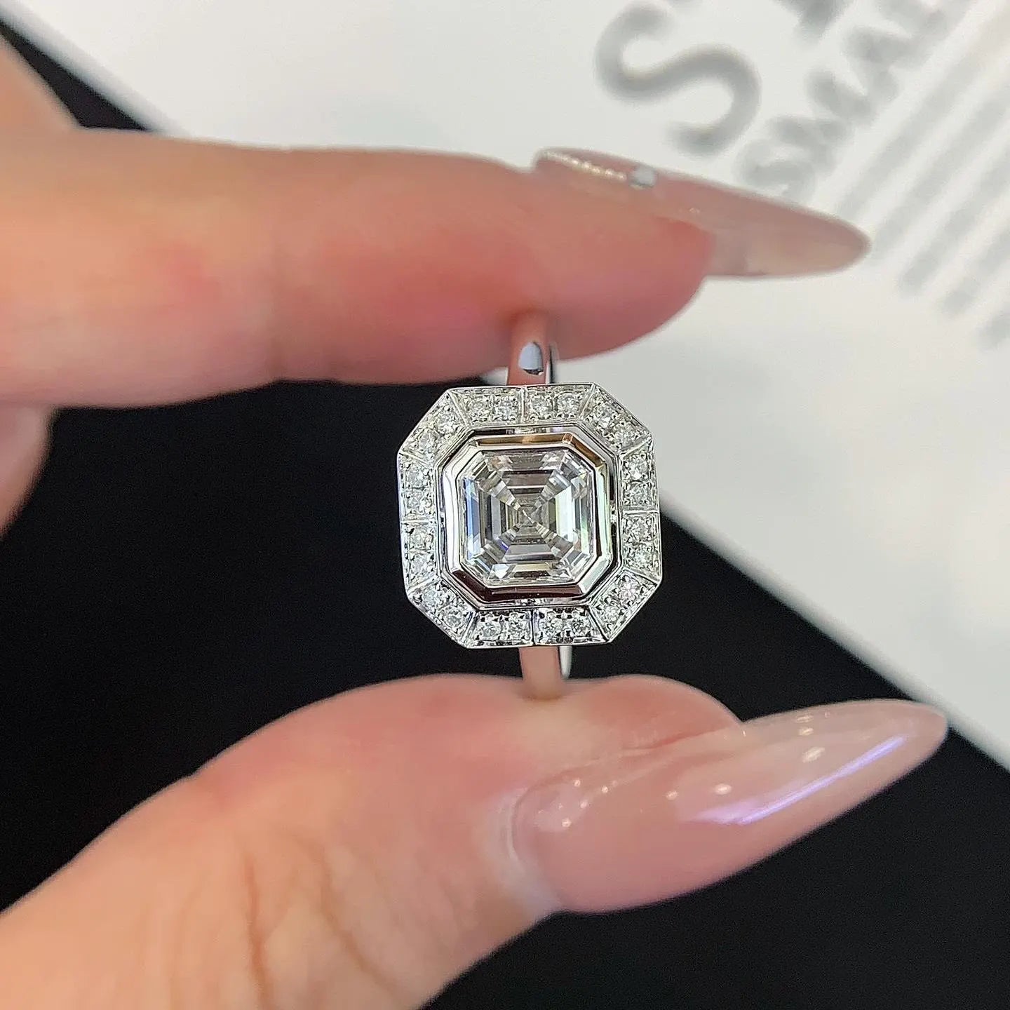2.00tcw Asscher Lab Grown Diamond Engagement Ring | Bezel Halo | IGI Certified | Cathedral Style
