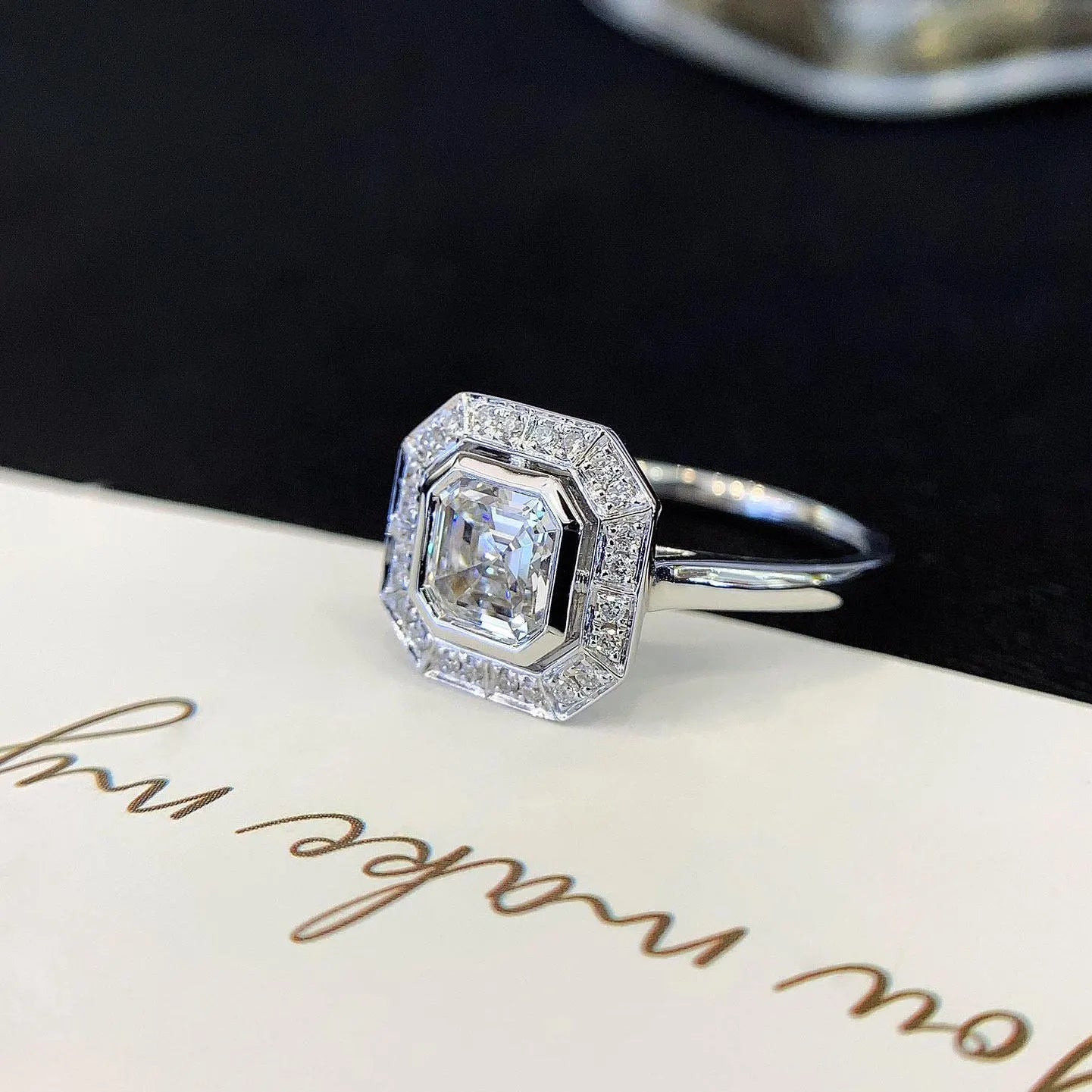 Asscher 2.00tcw Lab Grown Diamond Bezel Set With Halo Setting Cathedral Engagement Ring, D-E-F Color, VVS-VS Clarity