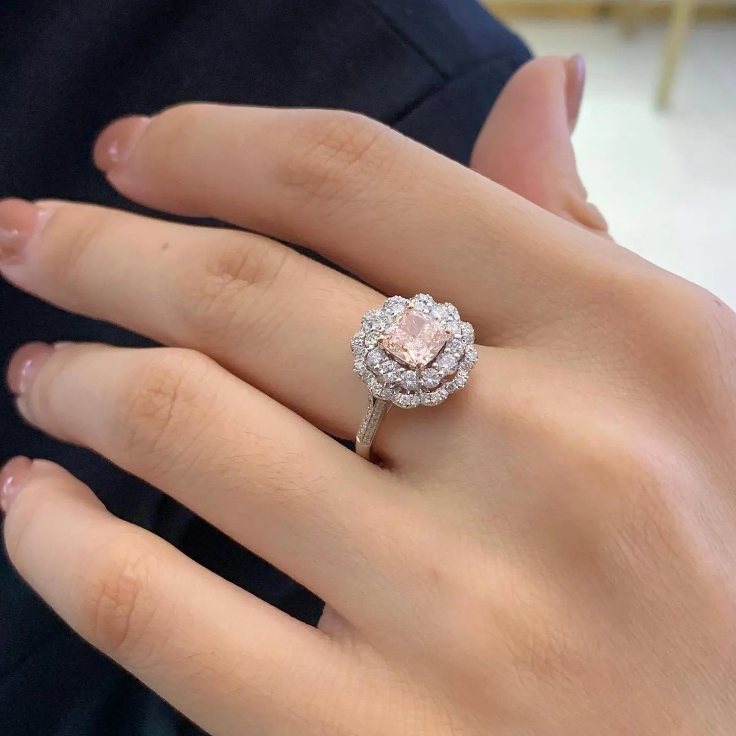 Fancy Pink Cushion 3.50tcw Lab Diamond Double Halo Ring | IGI Certified VVS–VS Clarity