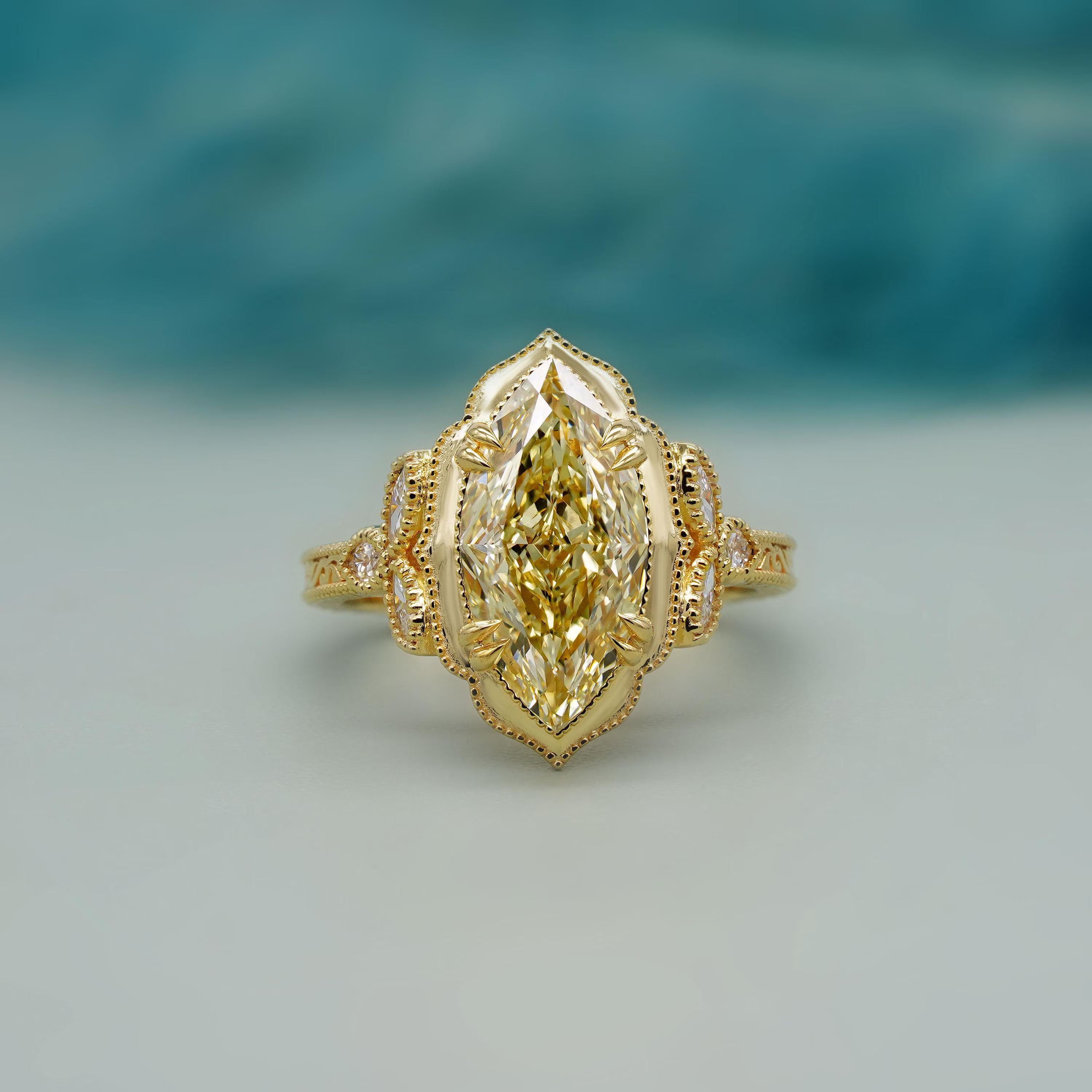 Yellow Marquise Diamond Ring With Vintage Cathedral Engagement Ring Yellow Gold IGI Certified