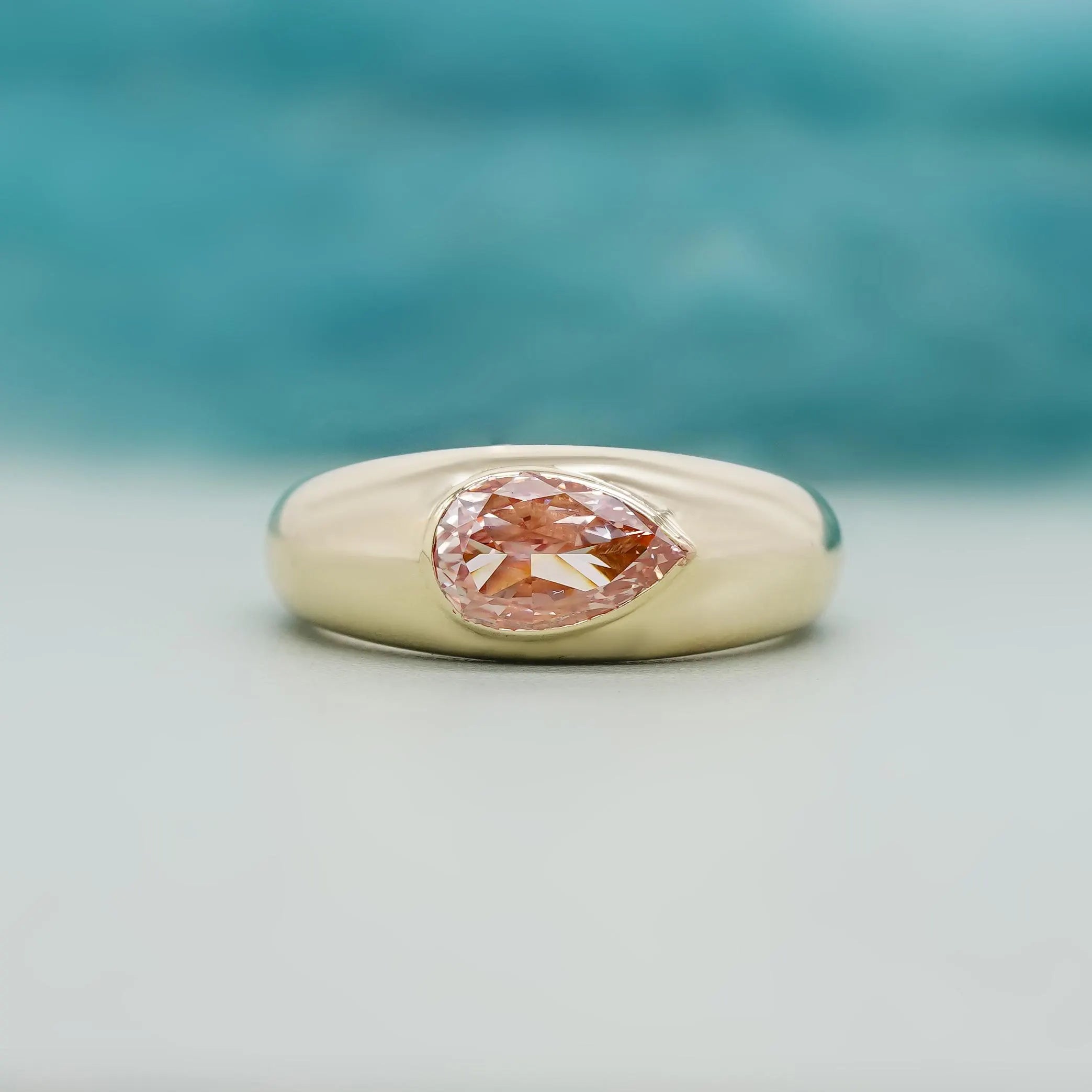 Pink Diamond Pear Ring With Bezel Setting Yellow Gold Lab Made Diamond IGI Certified