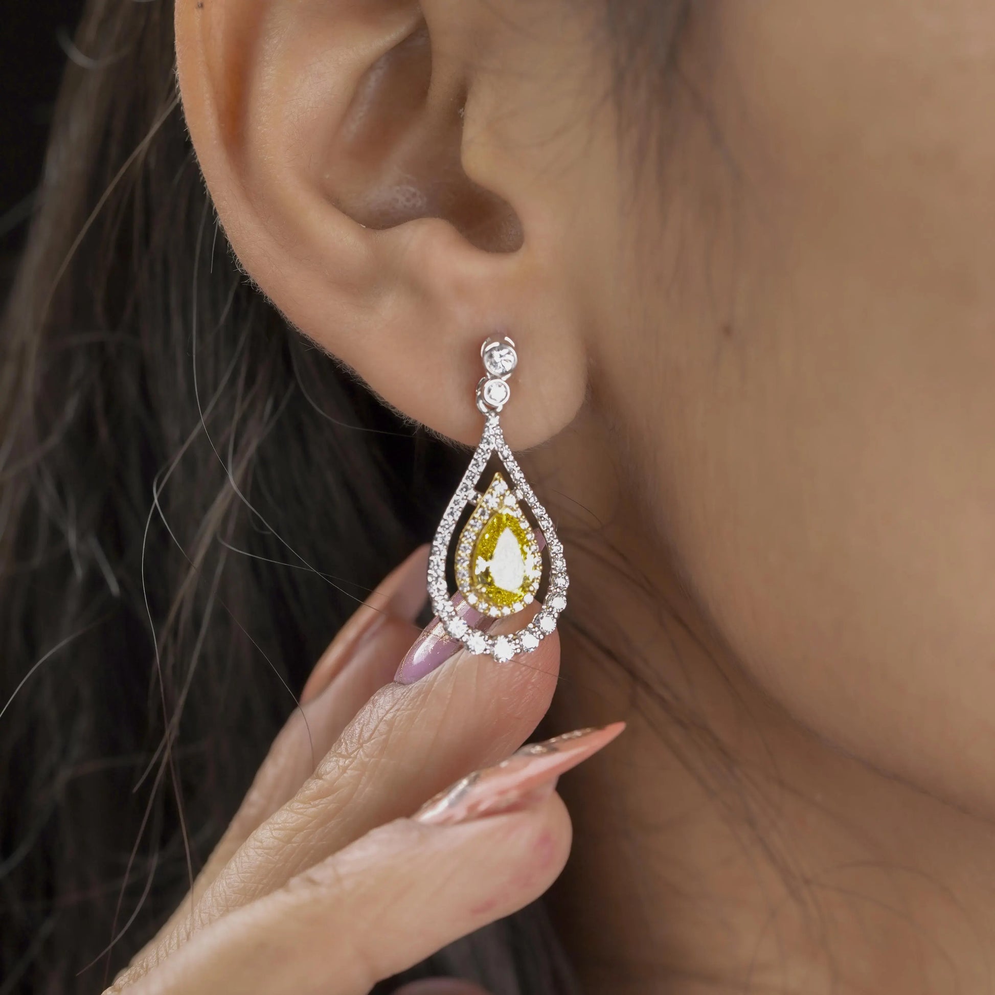 Pear-Shaped 3.47tcw Yellow Lab Diamond Double Halo Drop Earrings | IGI Certified