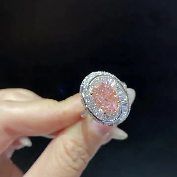 2ct Fancy Pink Oval Lab Diamond Ring | 1.80ct Double Halo Setting | IGI Certified | 3.80tcw