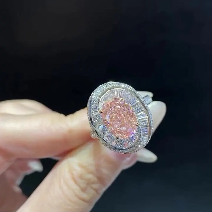 2ct Fancy Pink Oval Lab Diamond Ring | 1.80ct Double Halo Setting | IGI Certified | 3.80tcw