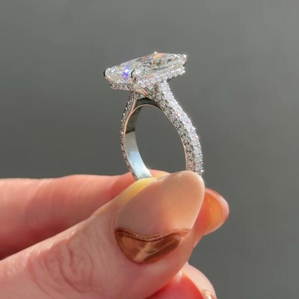 Radiant 7.30tcw Lab Grown Diamond Hidden Halo And Pavé Band Engagement Ring | Cathedral Setting | IGI Certified