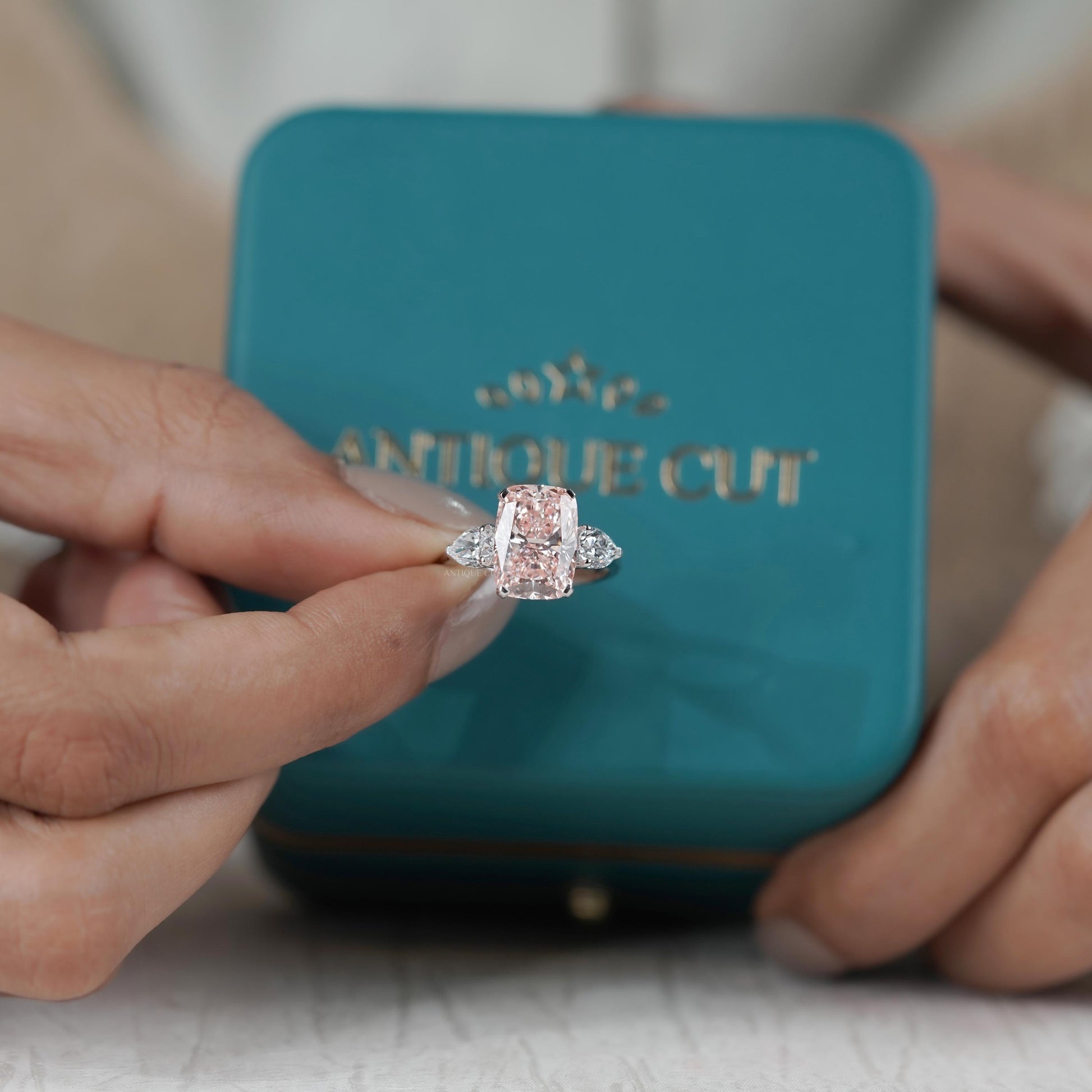 Fancy Pink Cushion 5.30tcw Lab Diamond Engagement Ring | Three Stone | IGI Certified