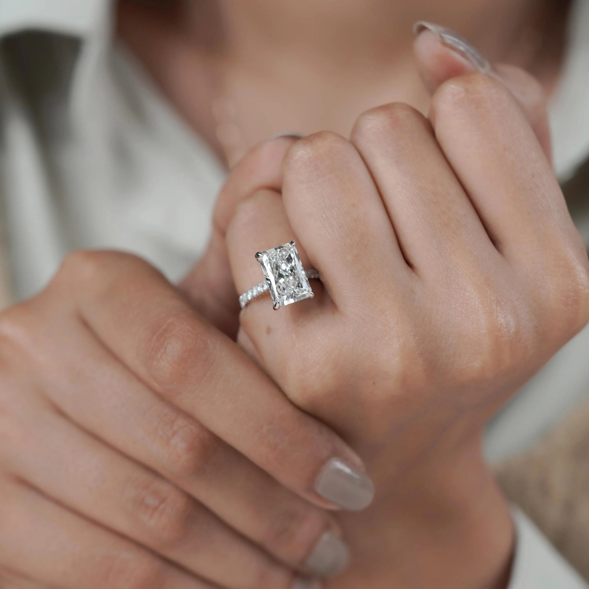 Radiant Cut 5.70tcw Lab Grown Diamond Engagement Ring | Hidden Halo & Pave | IGI Certified