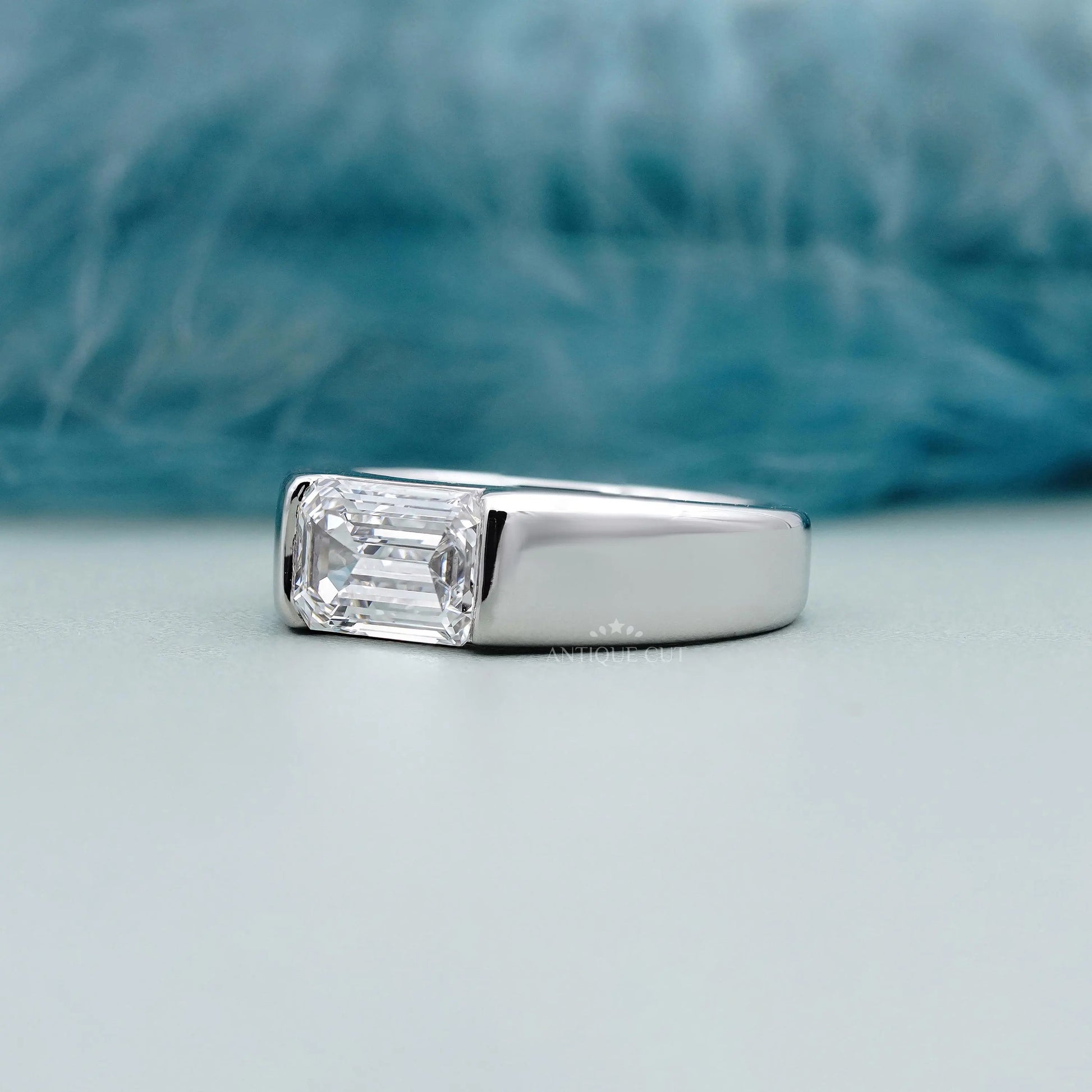 Horizontal emerald cut solitaire ring for men