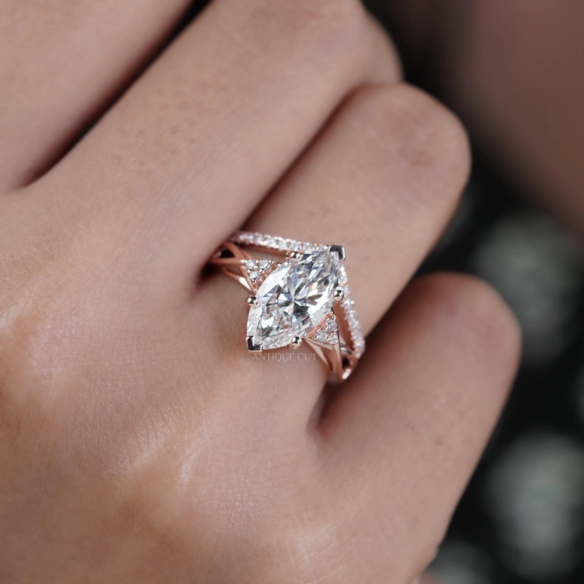 Marquise Cut 3.30tcw Lab Grown Diamond With Band | Rose Gold Split Shank Design | IGI Certified