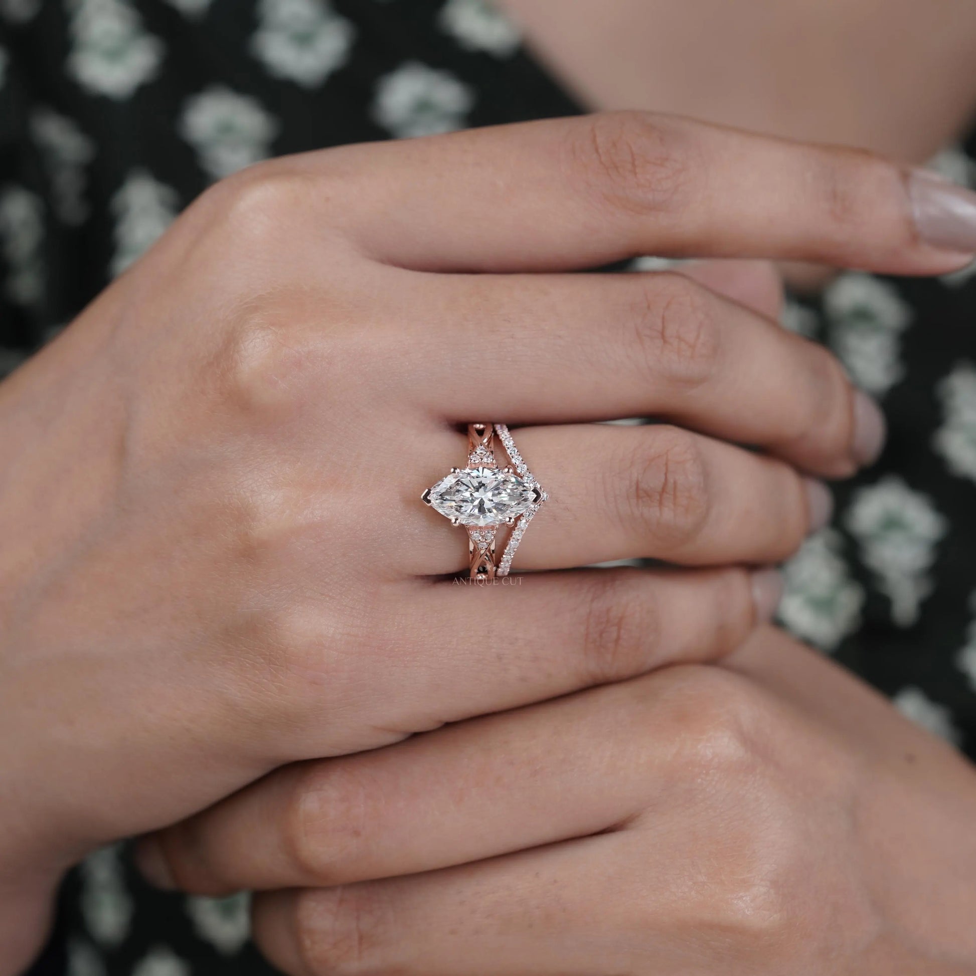 Marquise Cut 3.30tcw Lab Grown Diamond With Band | Rose Gold Split Shank Design | IGI Certified