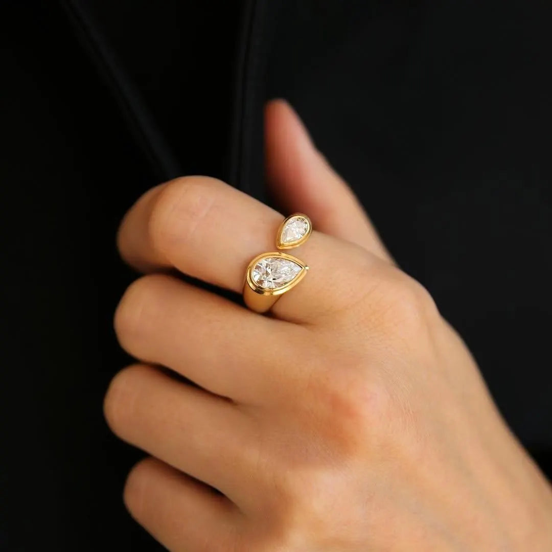 Pear Cut 1.30tcw Lab Grown Diamond Bezel Set Ring | Open Bypass Yellow Gold Design | IGI Certified