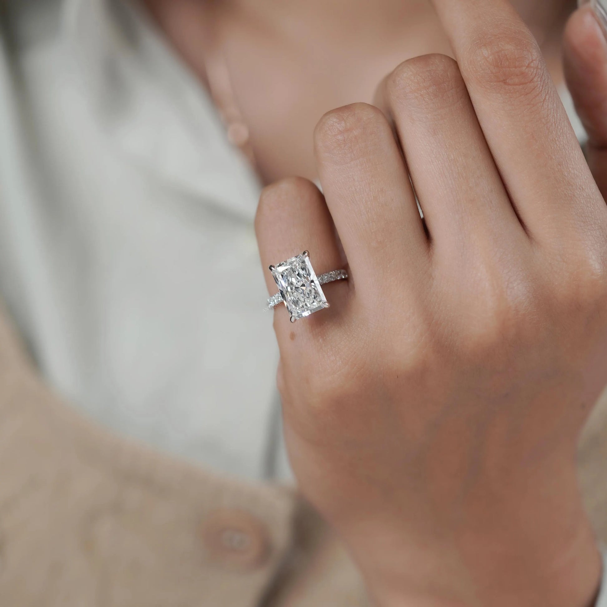 Radiant Cut 5.70tcw Lab Grown Diamond Engagement Ring | Hidden Halo & Pave | IGI Certified