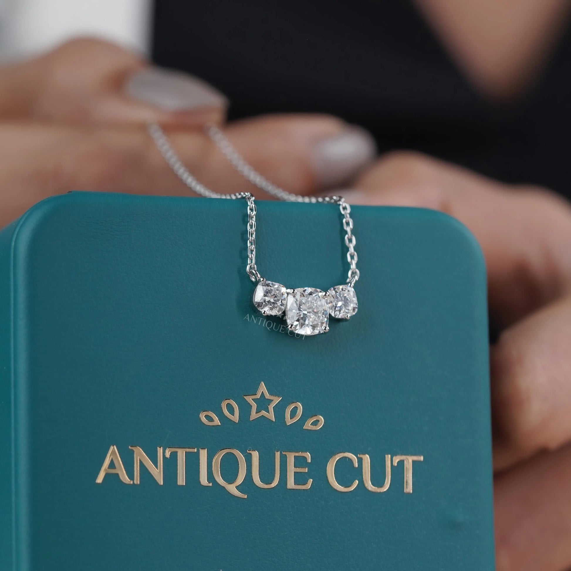 2.30tcw Cushion Cut Three Stone Lab Grown Diamond Pendant Necklace with Chain | IGI Certified | White Gold