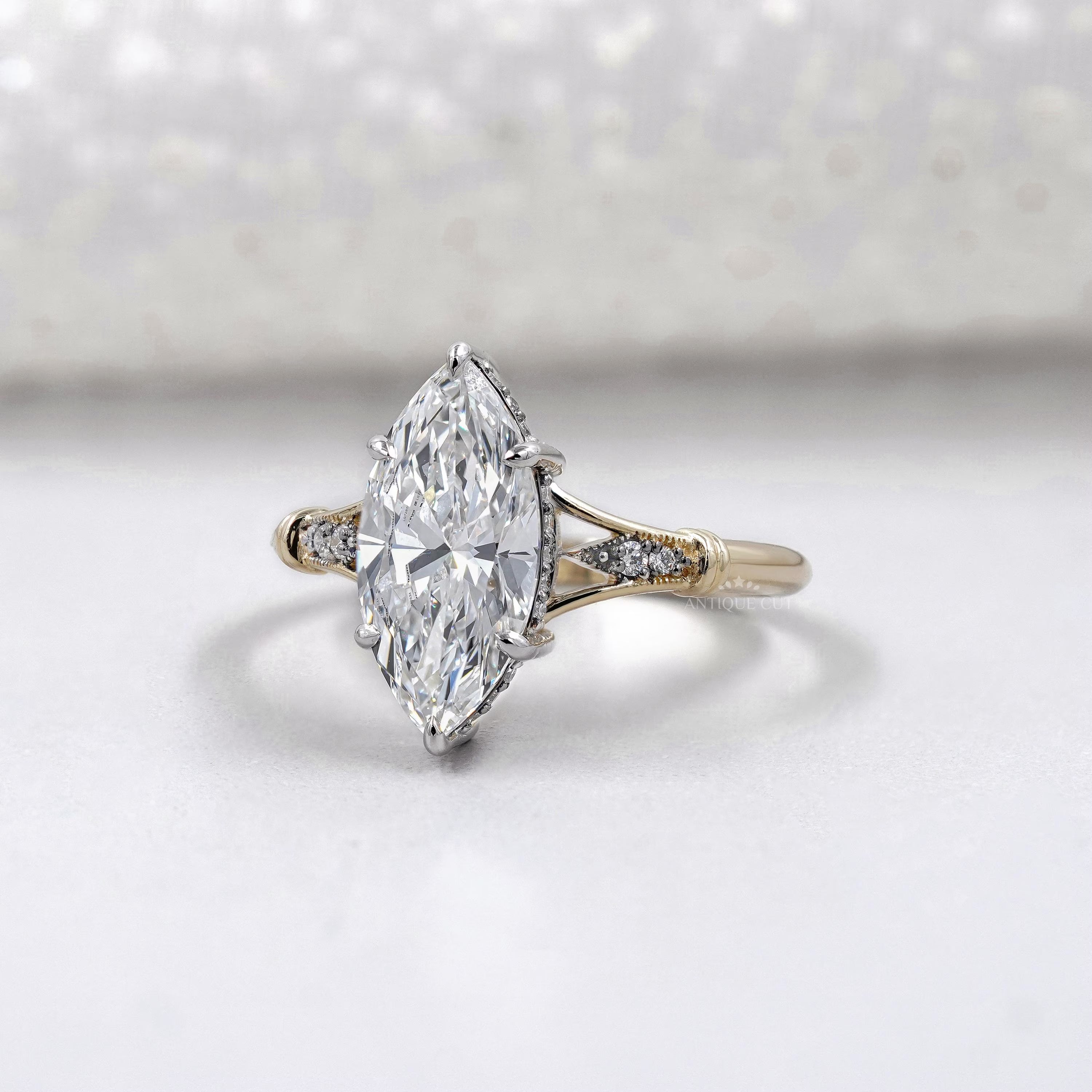 Lab grown marquise cut split shank diamond ring