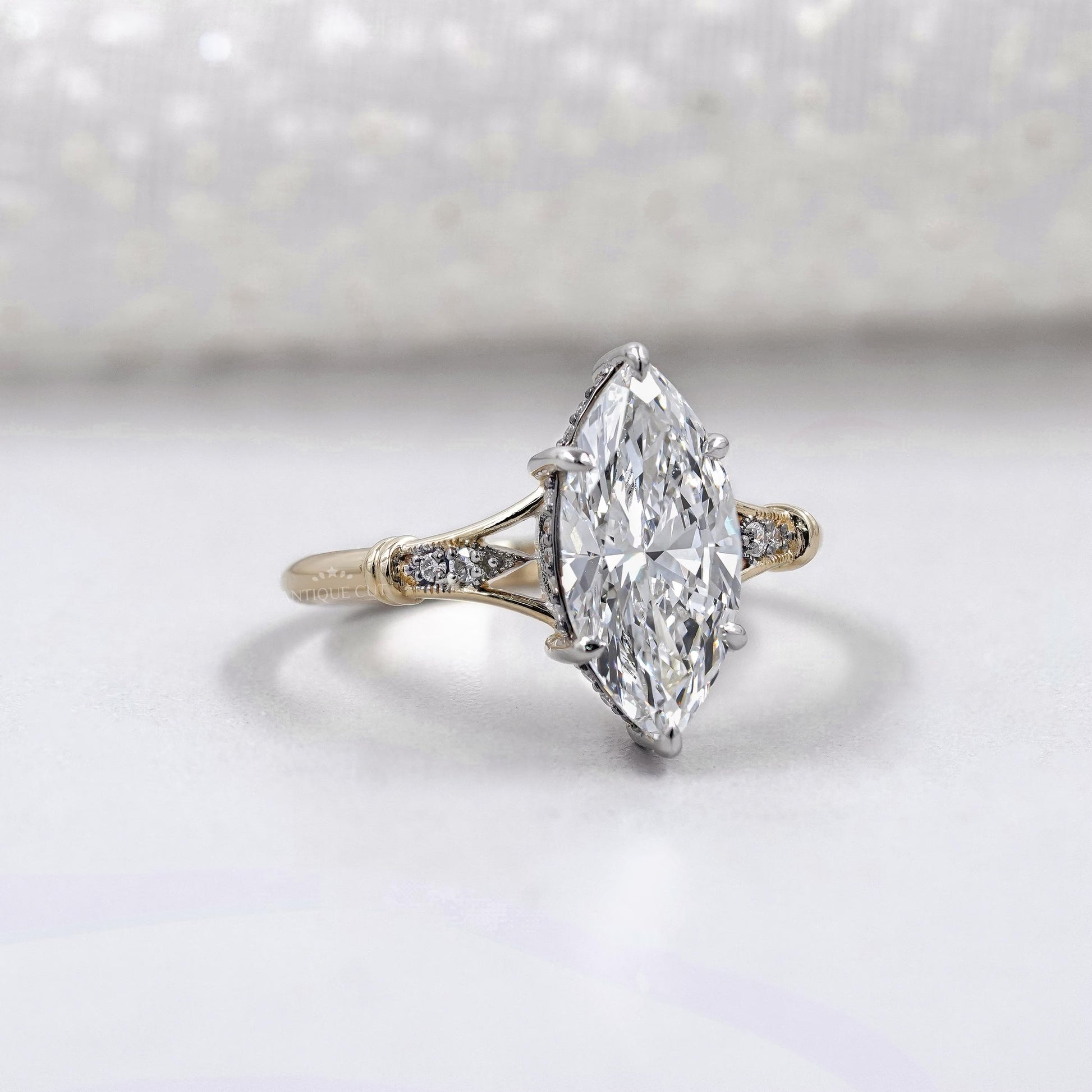 Marquise Cut 2.70tcw Lab Grown Diamond Engagement Ring | Split Shank Vintage Design | IGI Certified