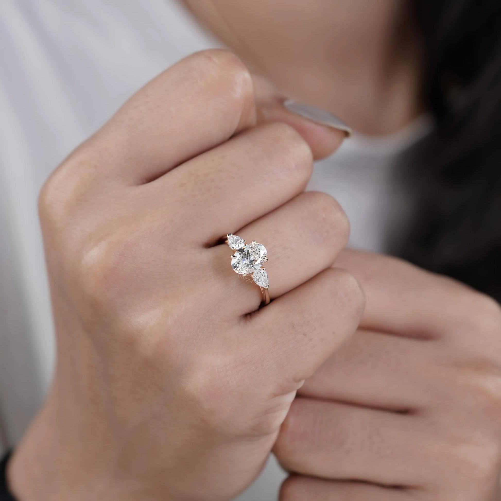 Oval Cut 2.00tcw Lab Grown Diamond Engagement Ring | Three Stone Pear Side Design | IGI Certified