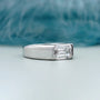 East West emerald cut diamond men's engagement ring in white gold