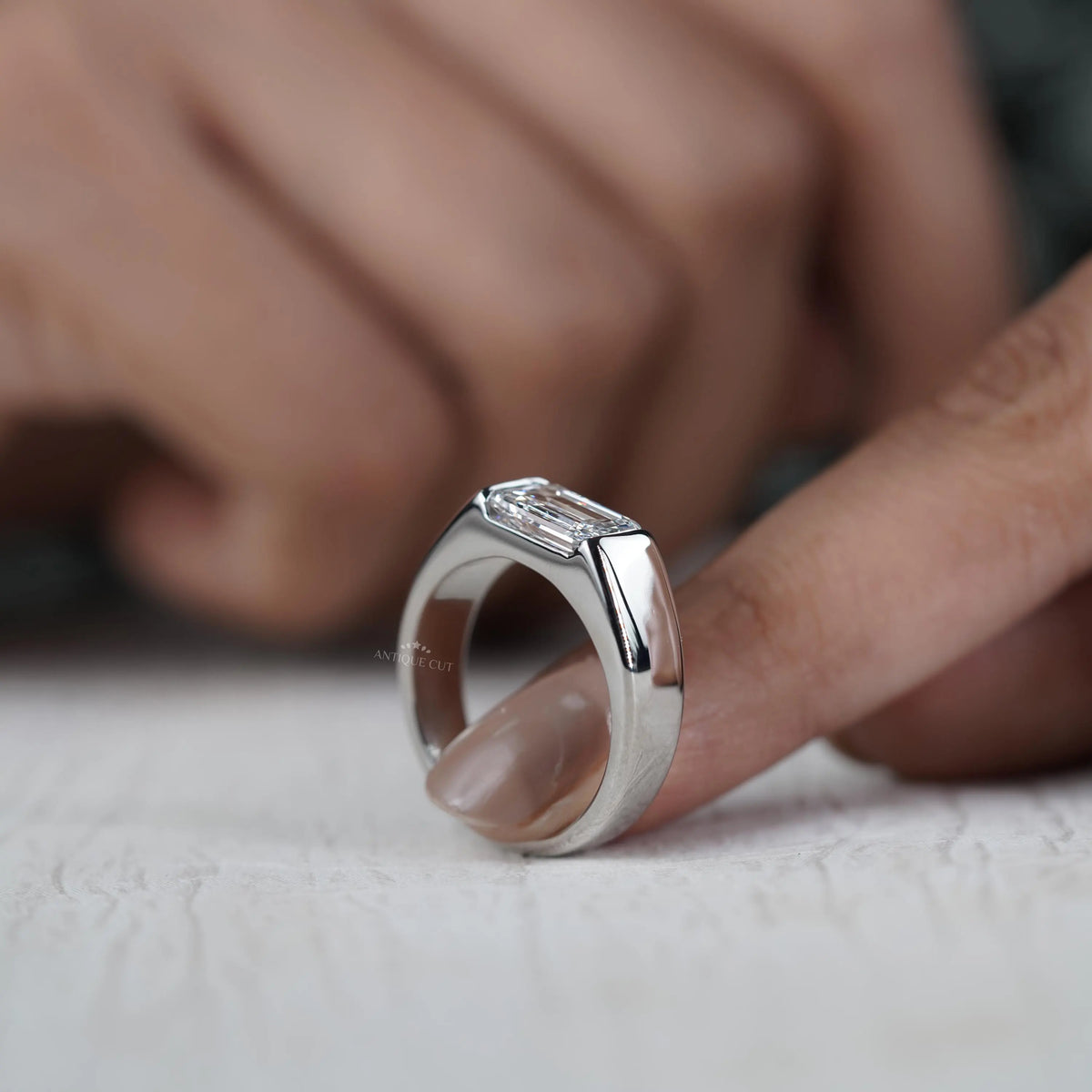 Unique sideways emerald cut diamond ring for men