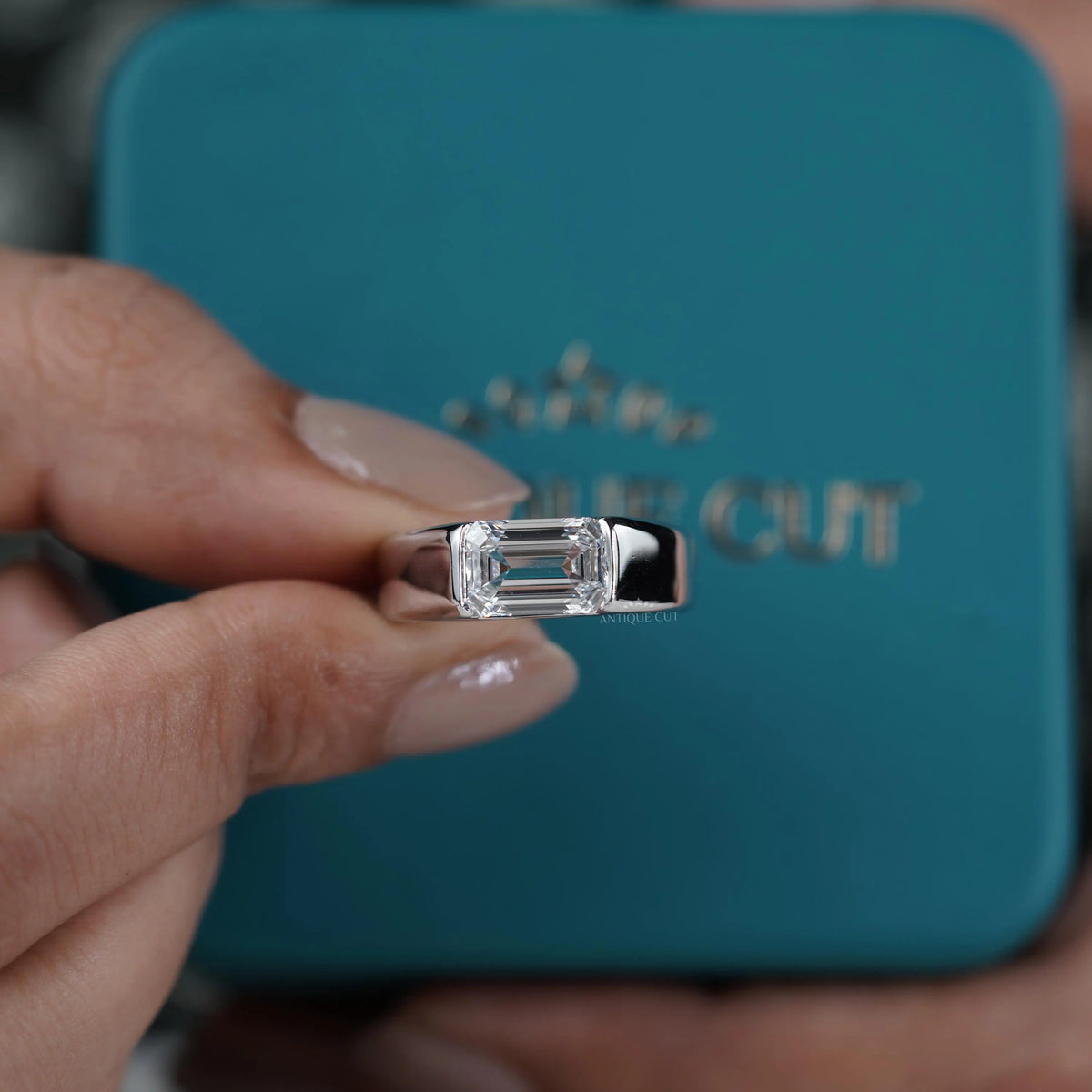 Men's lab grown emerald diamond ring with East West setting