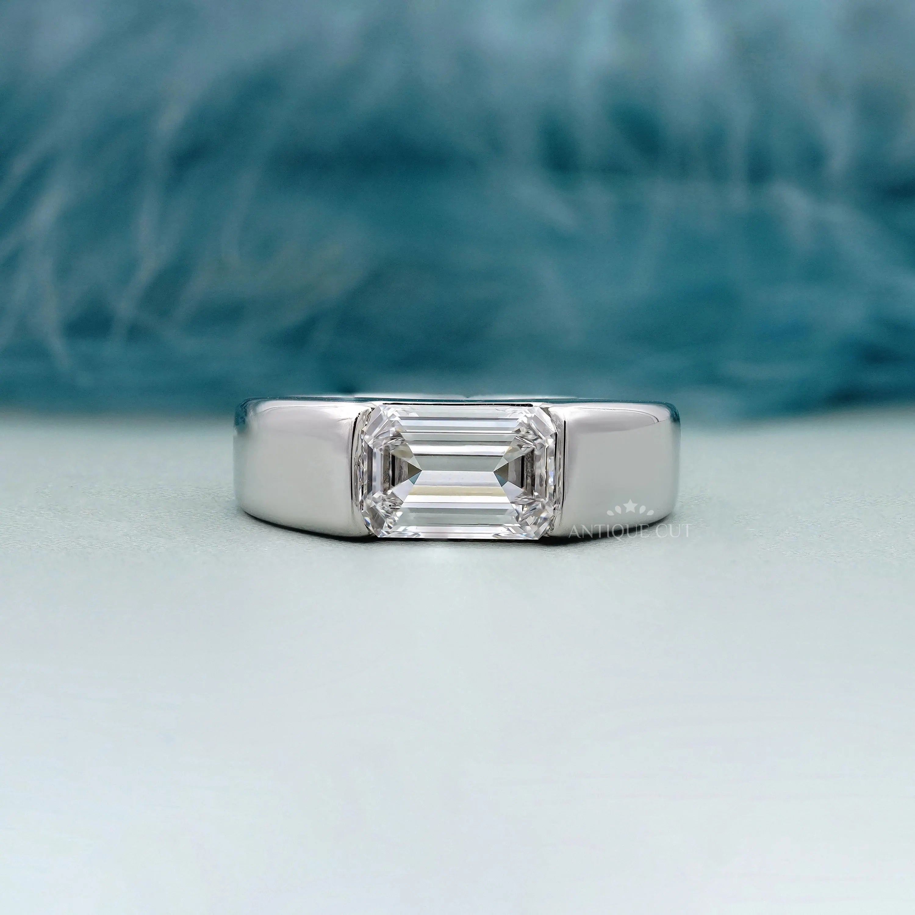 Men's East West Emerald Cut Engagement Ring White Gold Solitaire IGI Certified