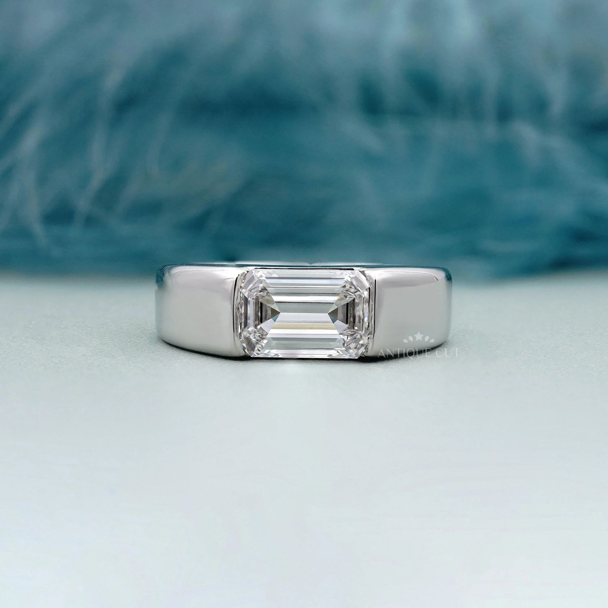 Men's East West Emerald Cut Engagement Ring White Gold Solitaire IGI Certified