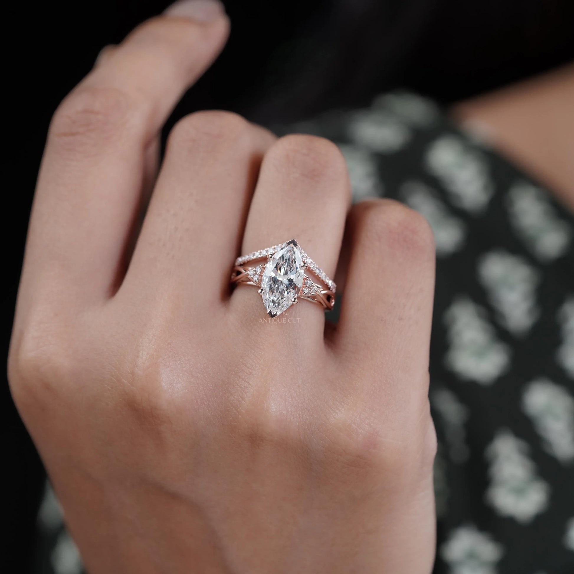 Marquise Cut 3.30tcw Lab Grown Diamond With Band | Rose Gold Split Shank Design | IGI Certified