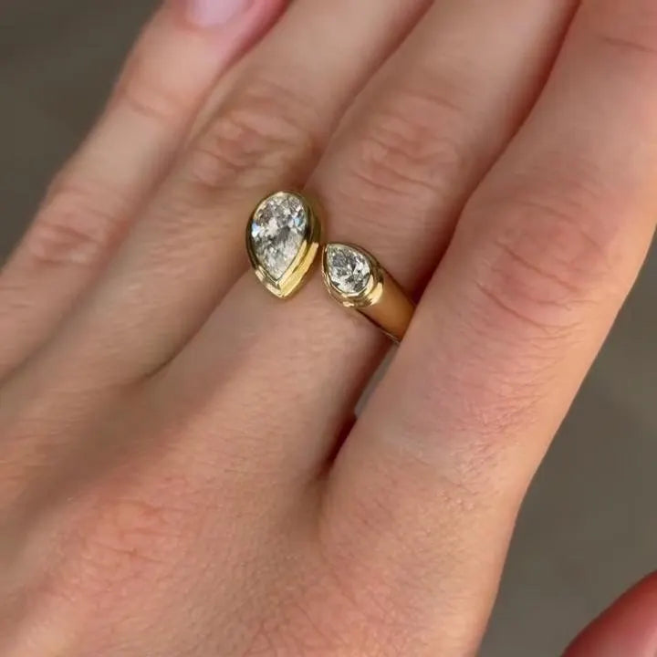 Pear Cut 1.30tcw Lab Grown Diamond Bezel Set Ring | Open Bypass Yellow Gold Design | IGI Certified