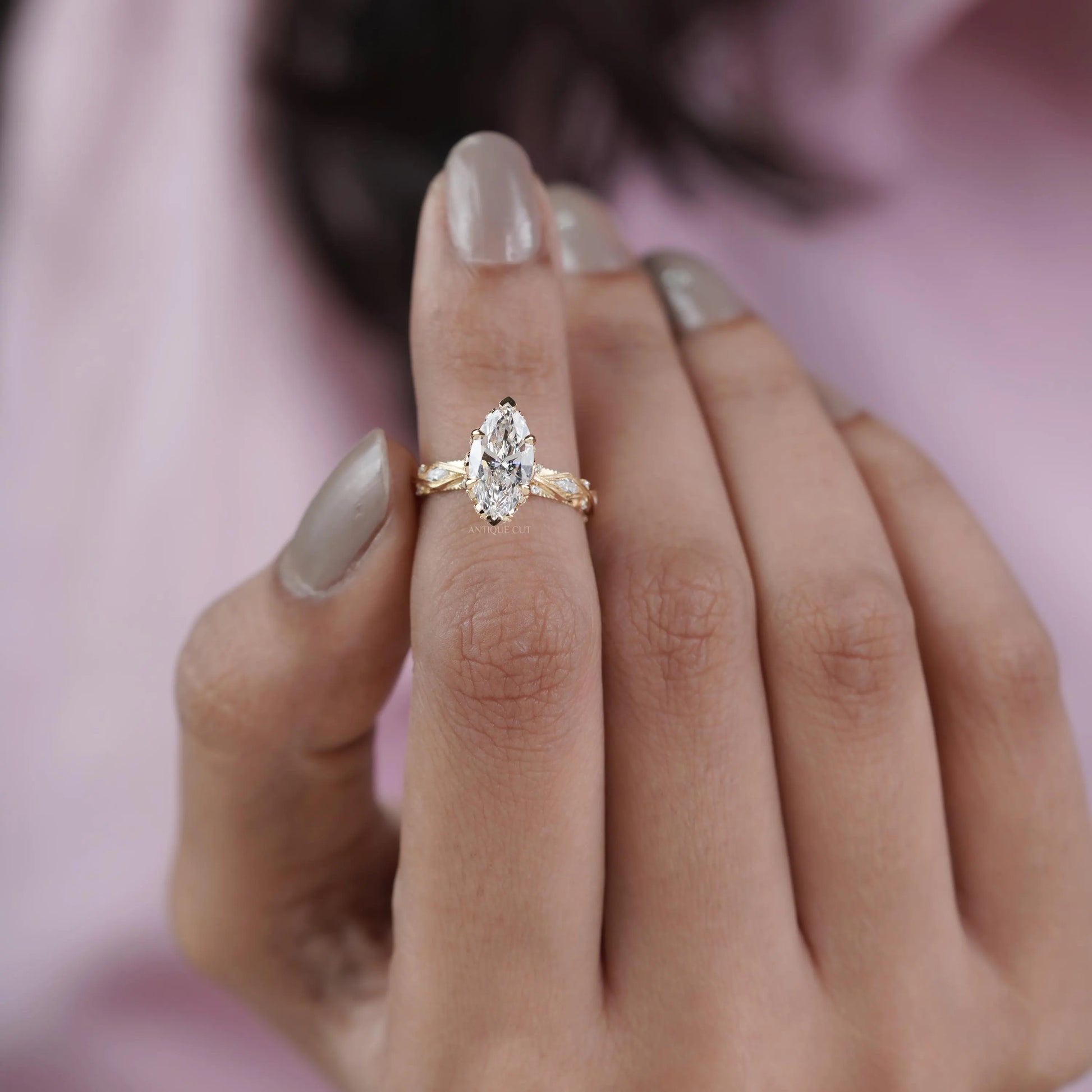 Marquise 3.16tcw Lab Grown Diamond Vintage Engagement Ring | Side Stone Antique Band | D–F Color | VVS–VS Clarity | IGI Certified