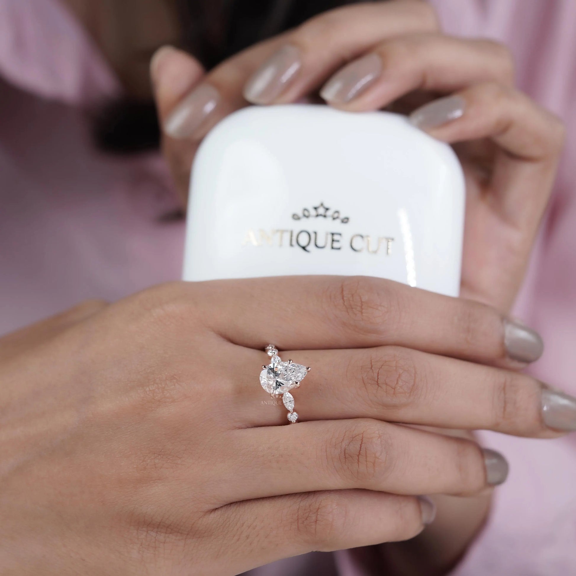 Pear 3.34tcw Lab Grown Diamond Vintage Engagement Ring | Marquise Side Stone Band | D–F Color | VVS–VS Clarity | IGI Certified