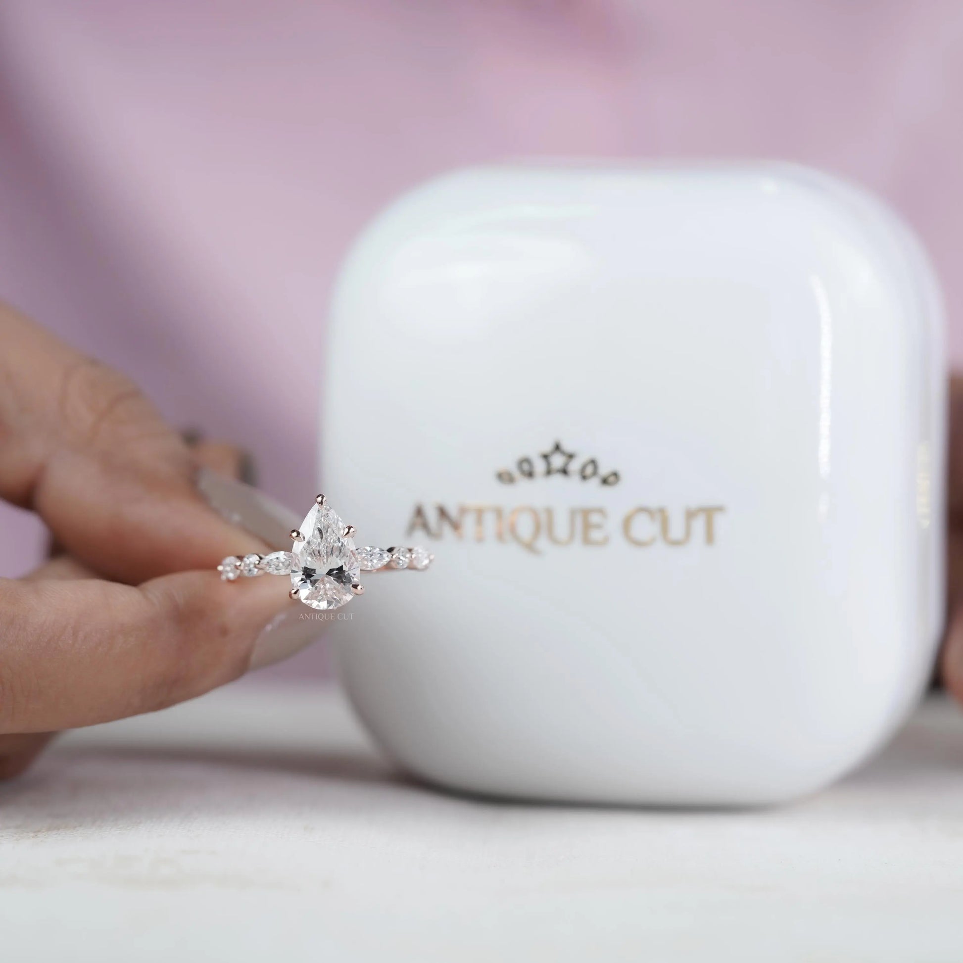 Pear 3.34tcw Lab Grown Diamond Vintage Engagement Ring | Marquise Side Stone Band | D–F Color | VVS–VS Clarity | IGI Certified