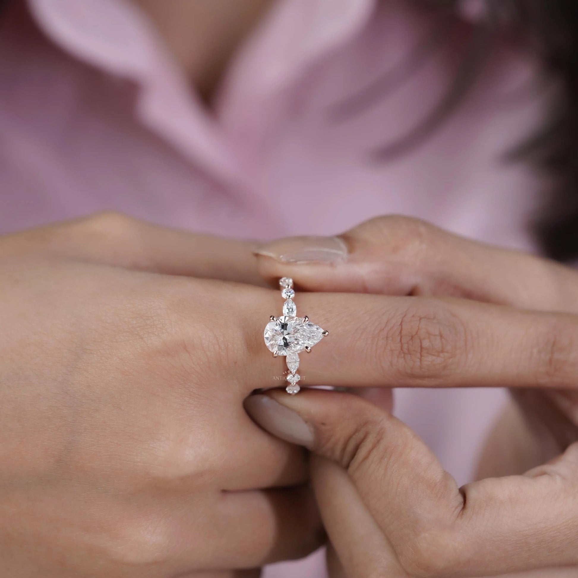 Pear 3.34tcw Lab Grown Diamond Vintage Engagement Ring | Marquise Side Stone Band | D–F Color | VVS–VS Clarity | IGI Certified