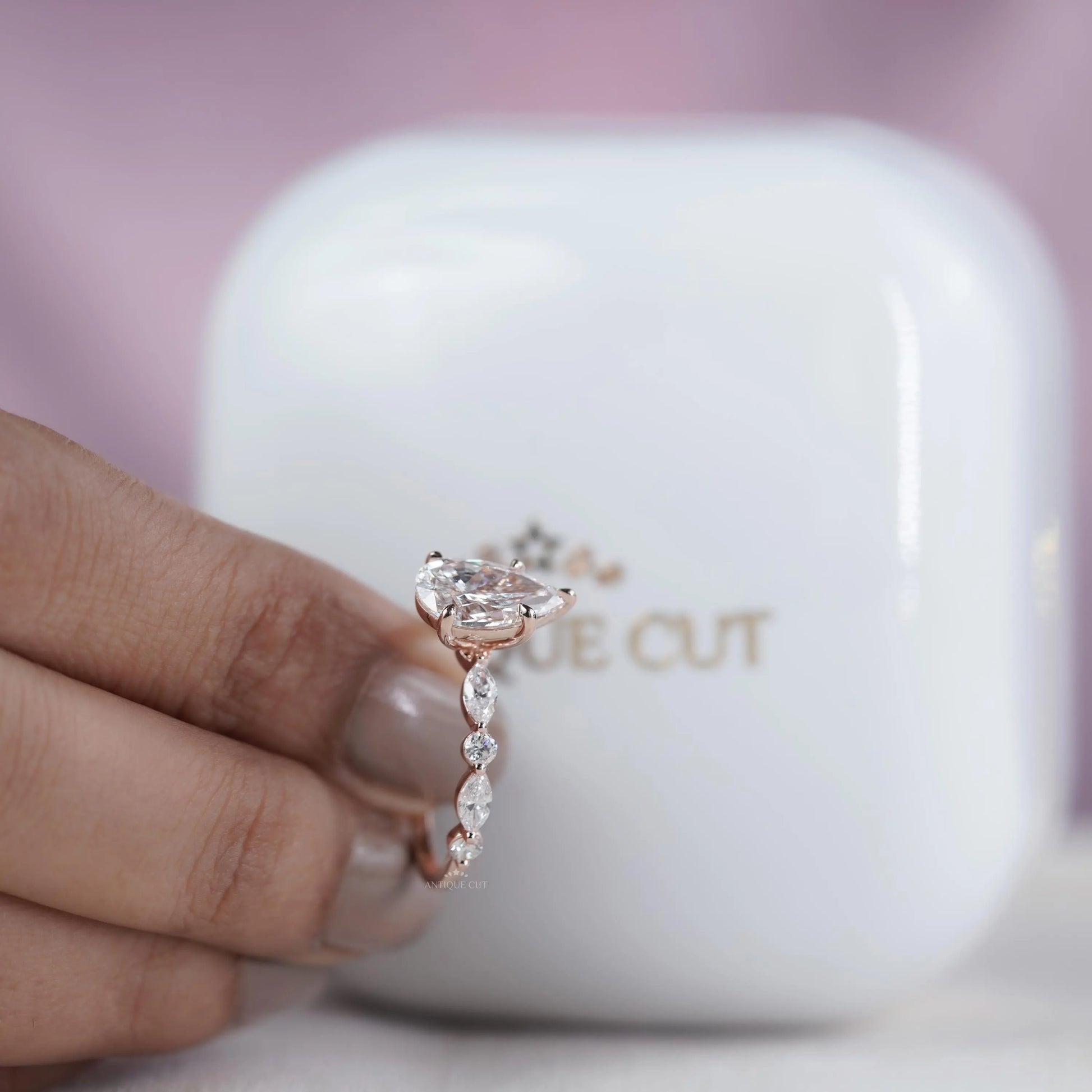 Pear 3.34tcw Lab Grown Diamond Vintage Engagement Ring | Marquise Side Stone Band | D–F Color | VVS–VS Clarity | IGI Certified