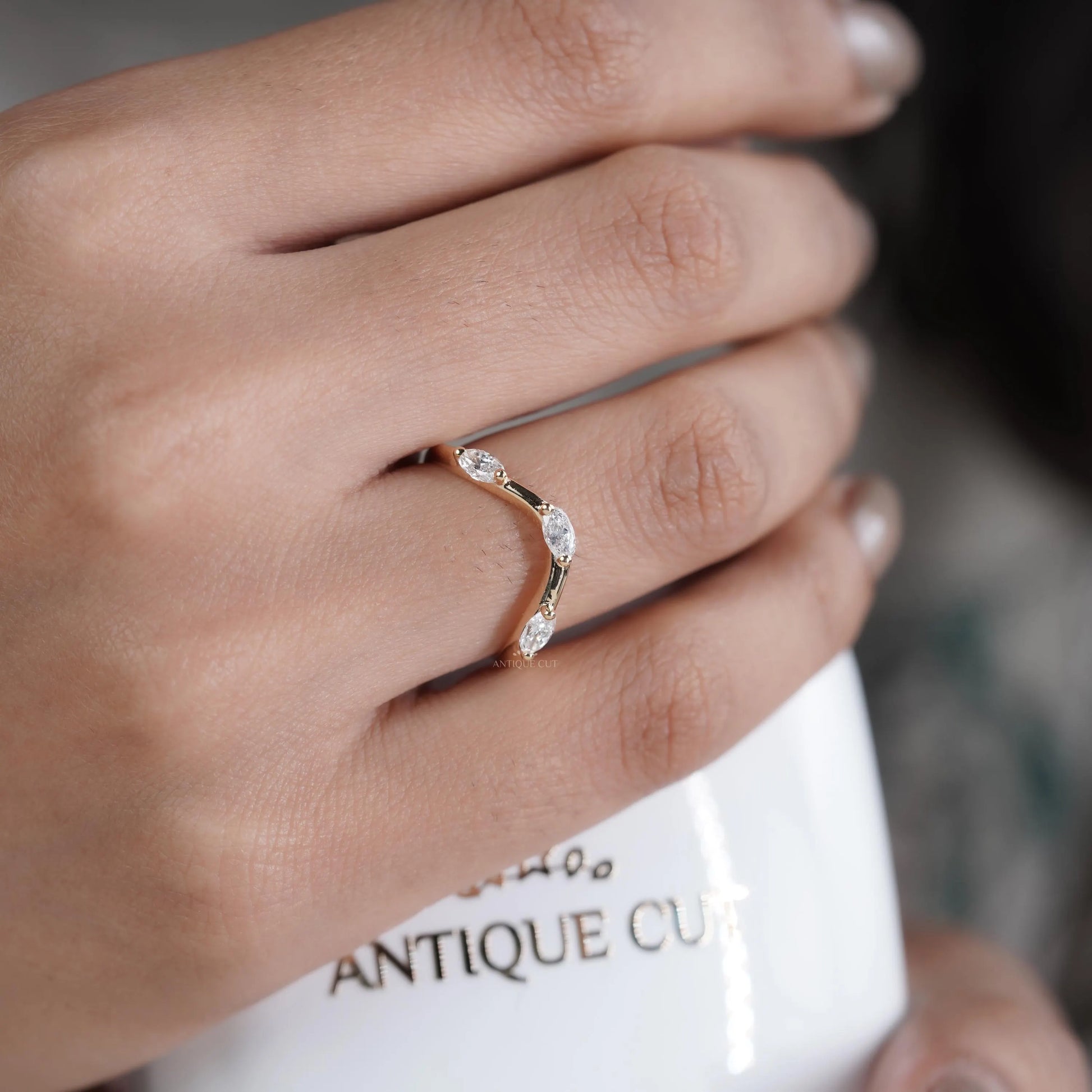 Marquise 0.33tcw Lab Grown Diamond Curved Wedding Band | Chevron Contour Ring | EF Color | VS Clarity