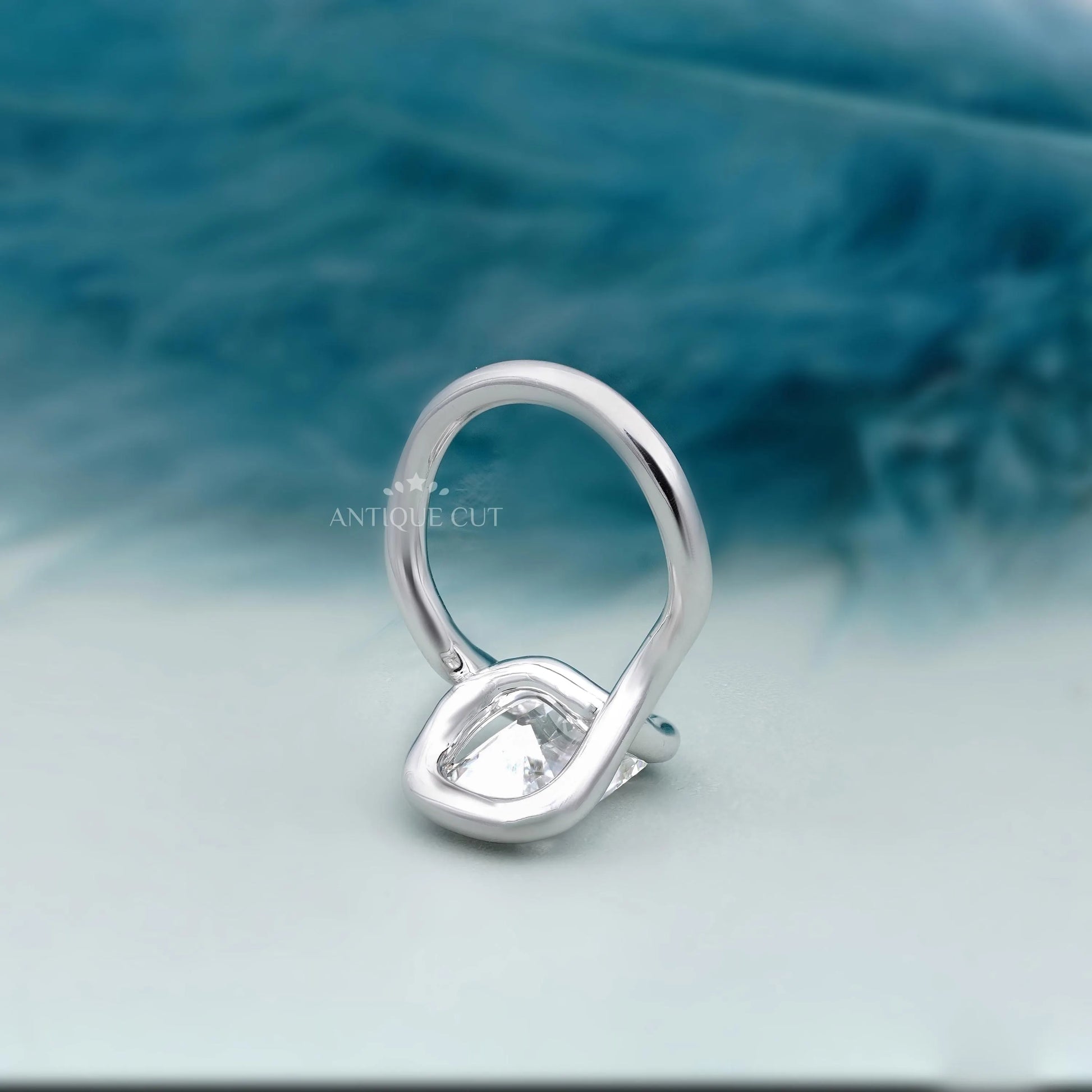 Vintage inspired cushion diamond solitaire ring in white gold