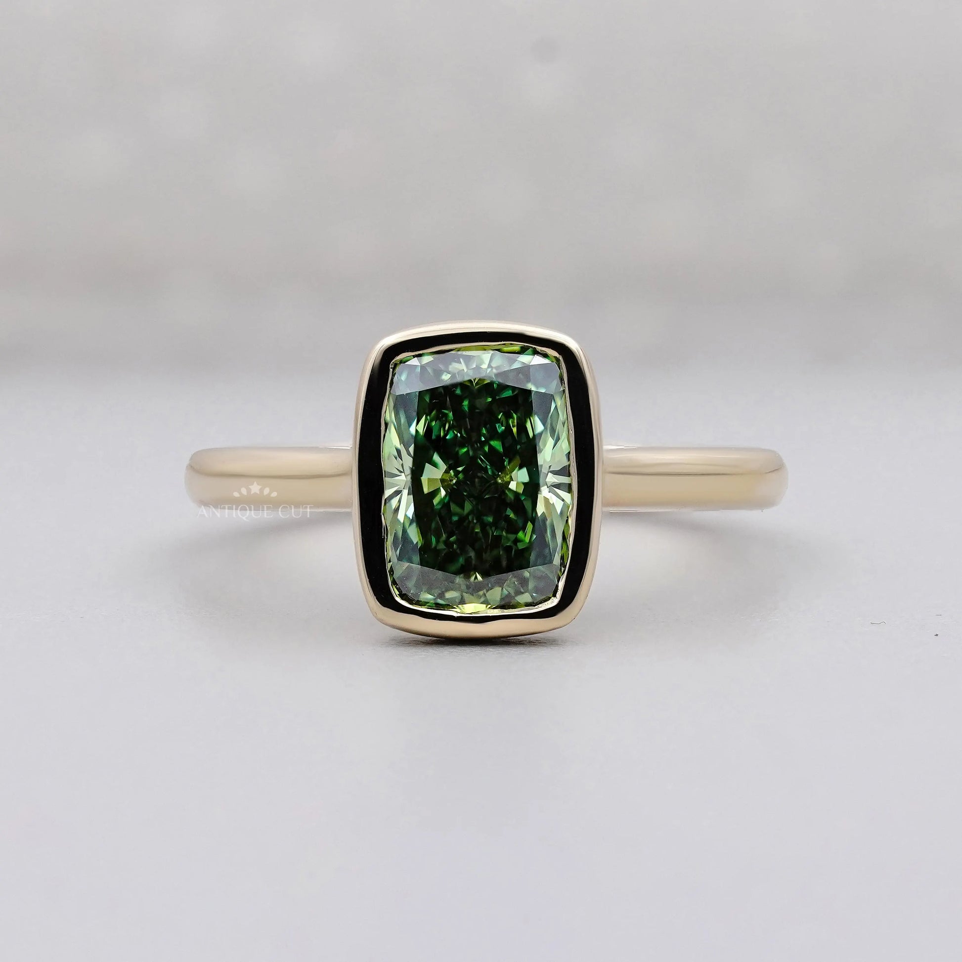 Fancy Green 2.09ct Cushion Cut Lab-Grown Diamond Bezel Ring | Solid Gold Modern Setting