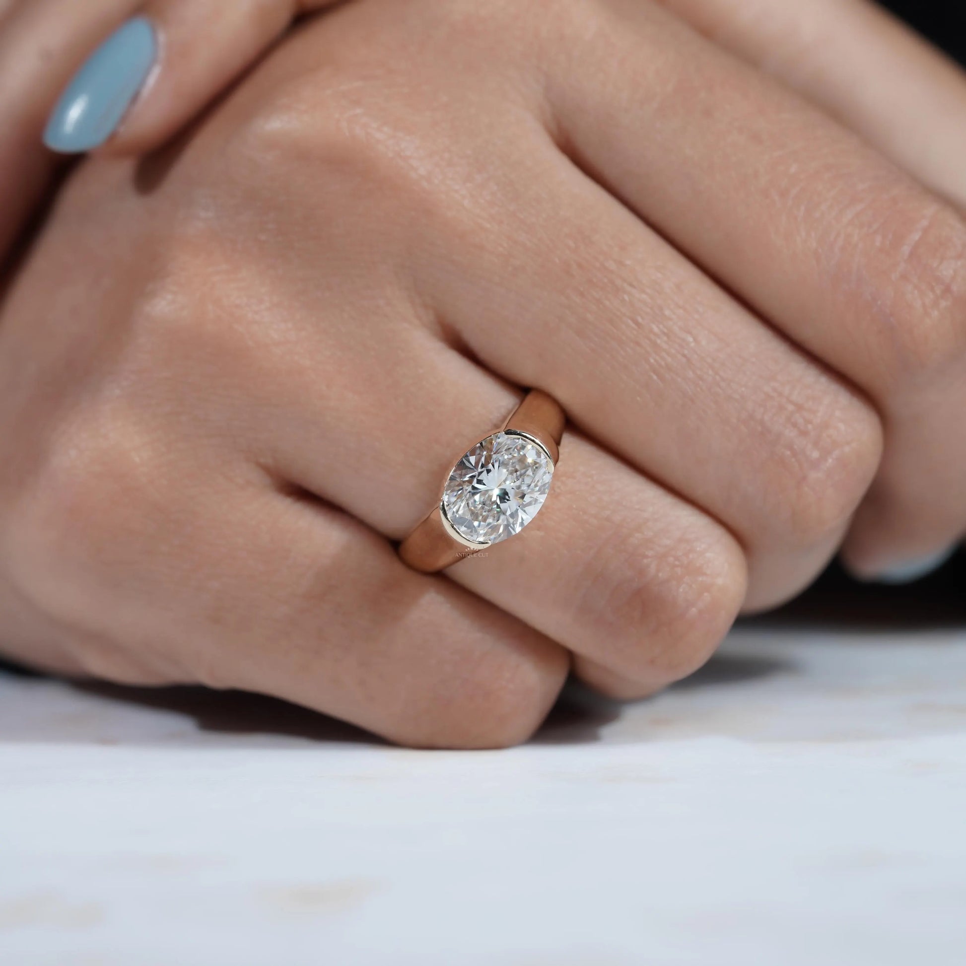 5.00ct Oval Bezel Set Engagement Ring • Solid Gold Thick Band Ring • Modern Oval Solitaire Ring • Unique Sculpted Bezel Ring