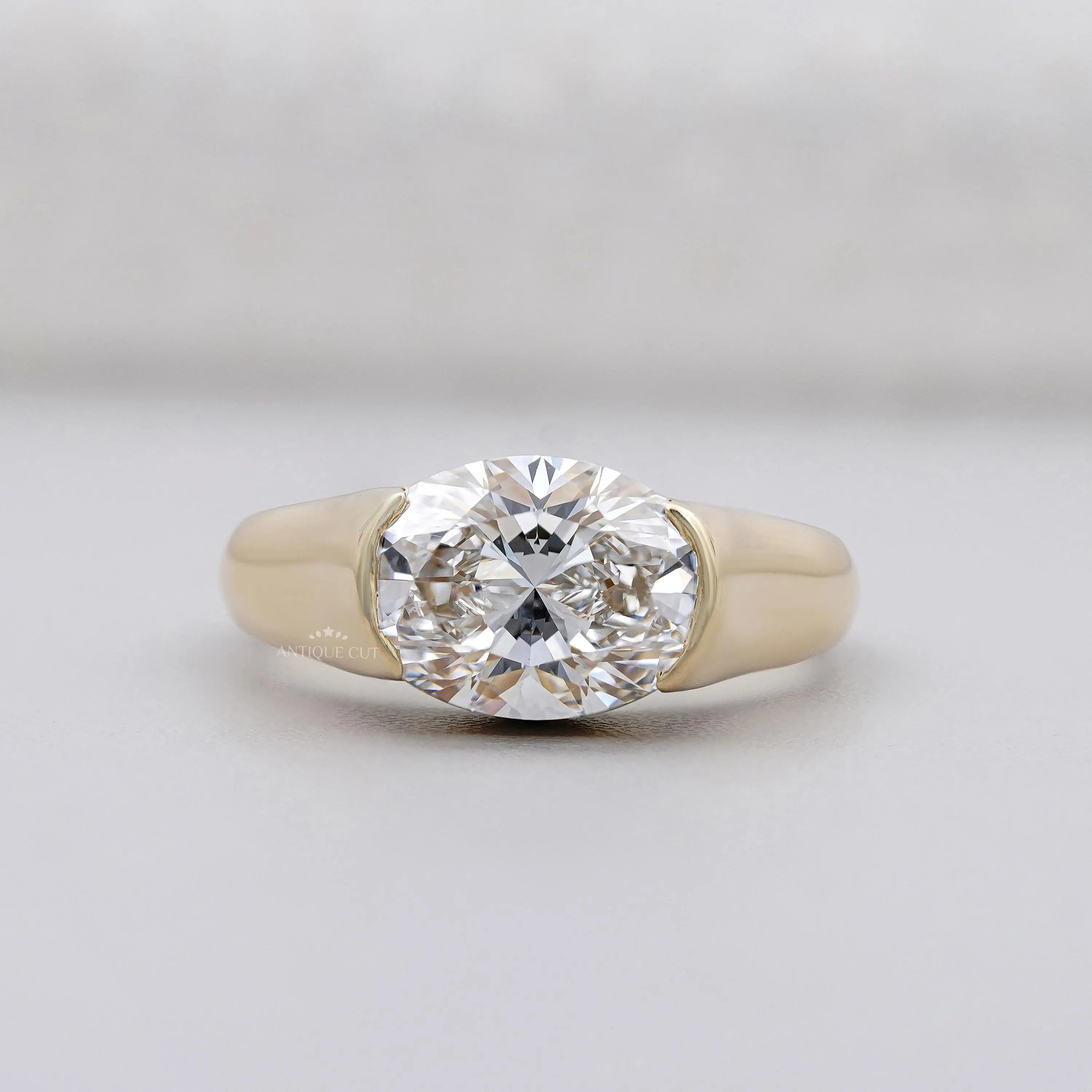 5.00ct Oval Bezel Set Engagement Ring • Solid Gold Thick Band Ring • Modern Oval Solitaire Ring • Unique Sculpted Bezel Ring