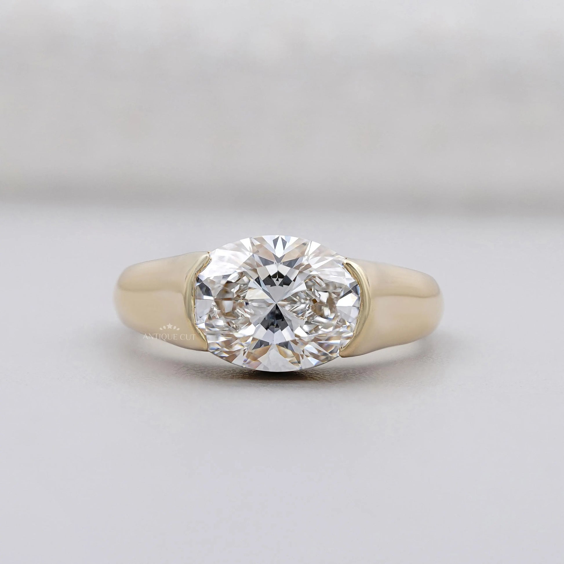 5.00ct Oval Bezel Set Engagement Ring • Solid Gold Thick Band Ring • Modern Oval Solitaire Ring • Unique Sculpted Bezel Ring