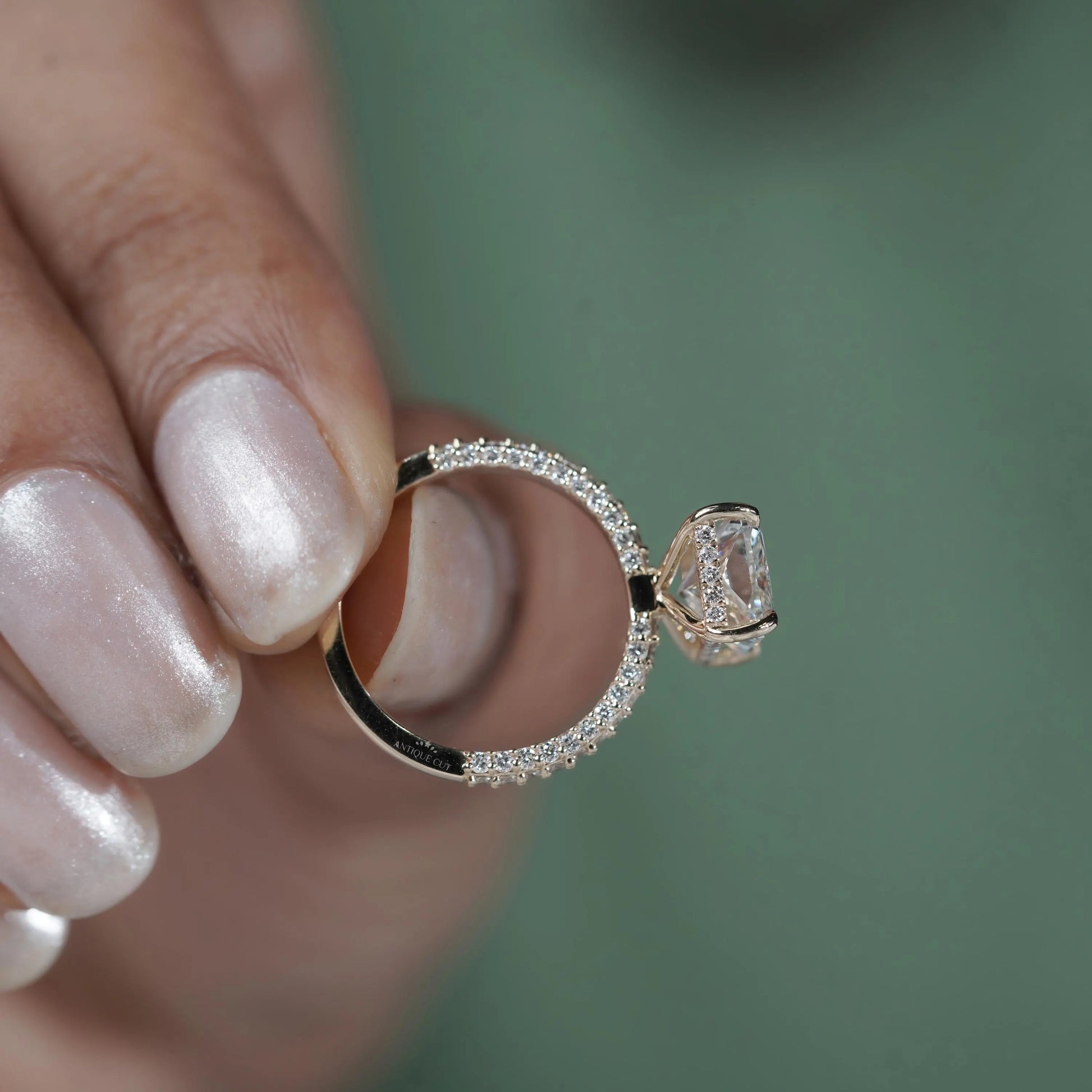 3.43tcw Emerald Lab-Grown Diamond Engagement Ring | Hidden Halo | Pave Band | Ethical Gold Ring