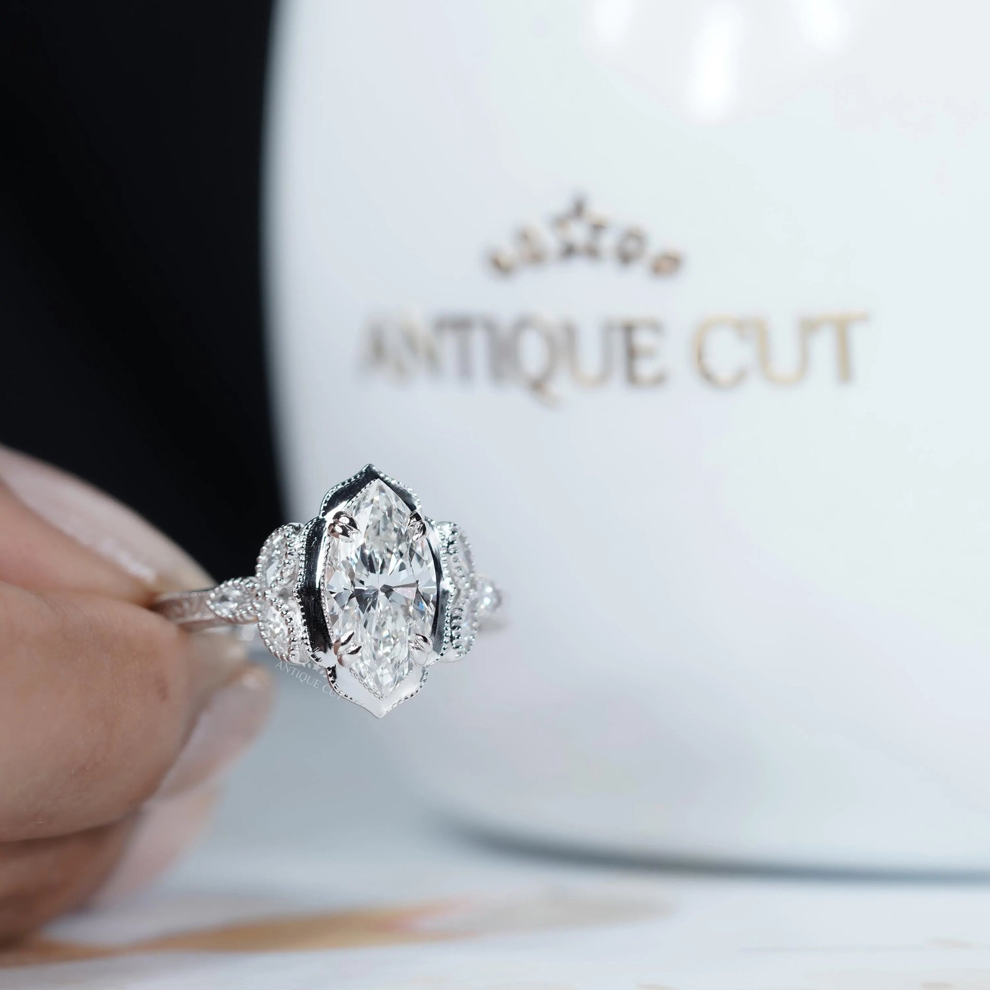 Vintage Engagement Rings Marquise Cut With Side Stones IGI Certified
