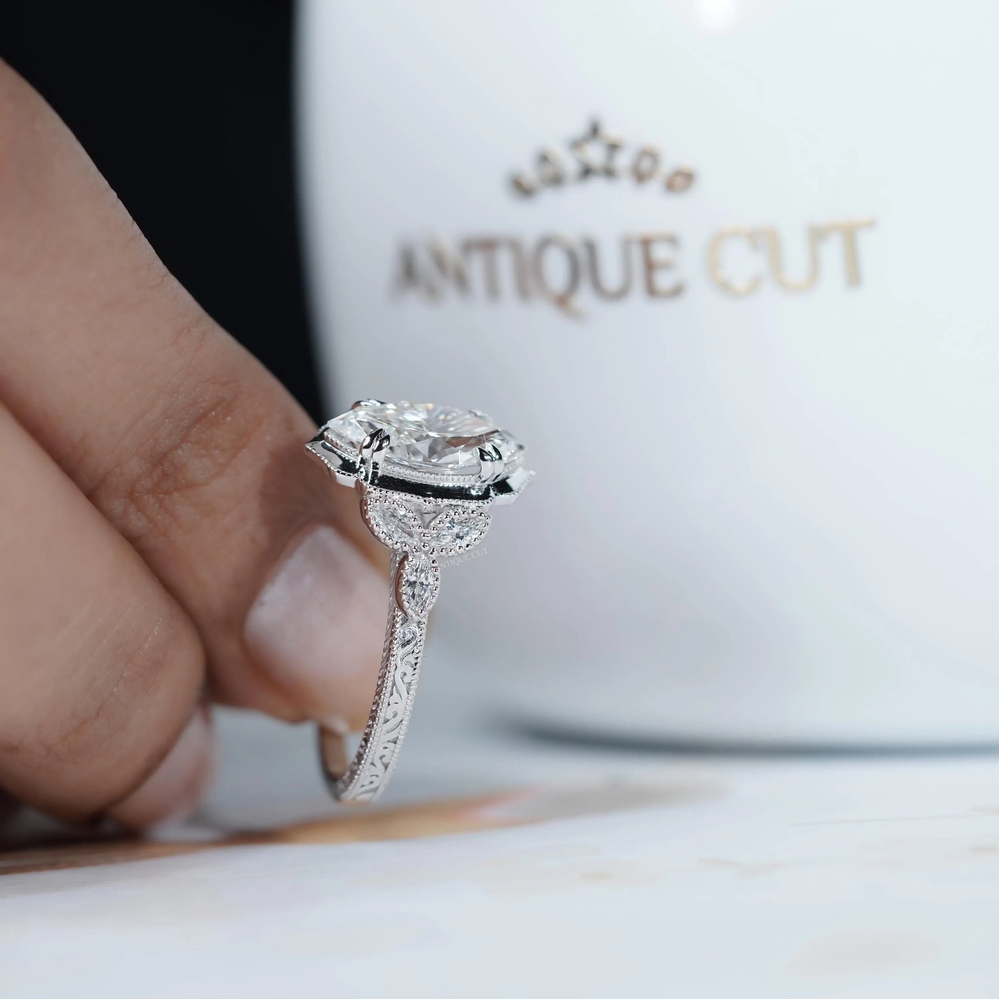 Luxury vintage inspired marquise diamond ring by Antiquecut