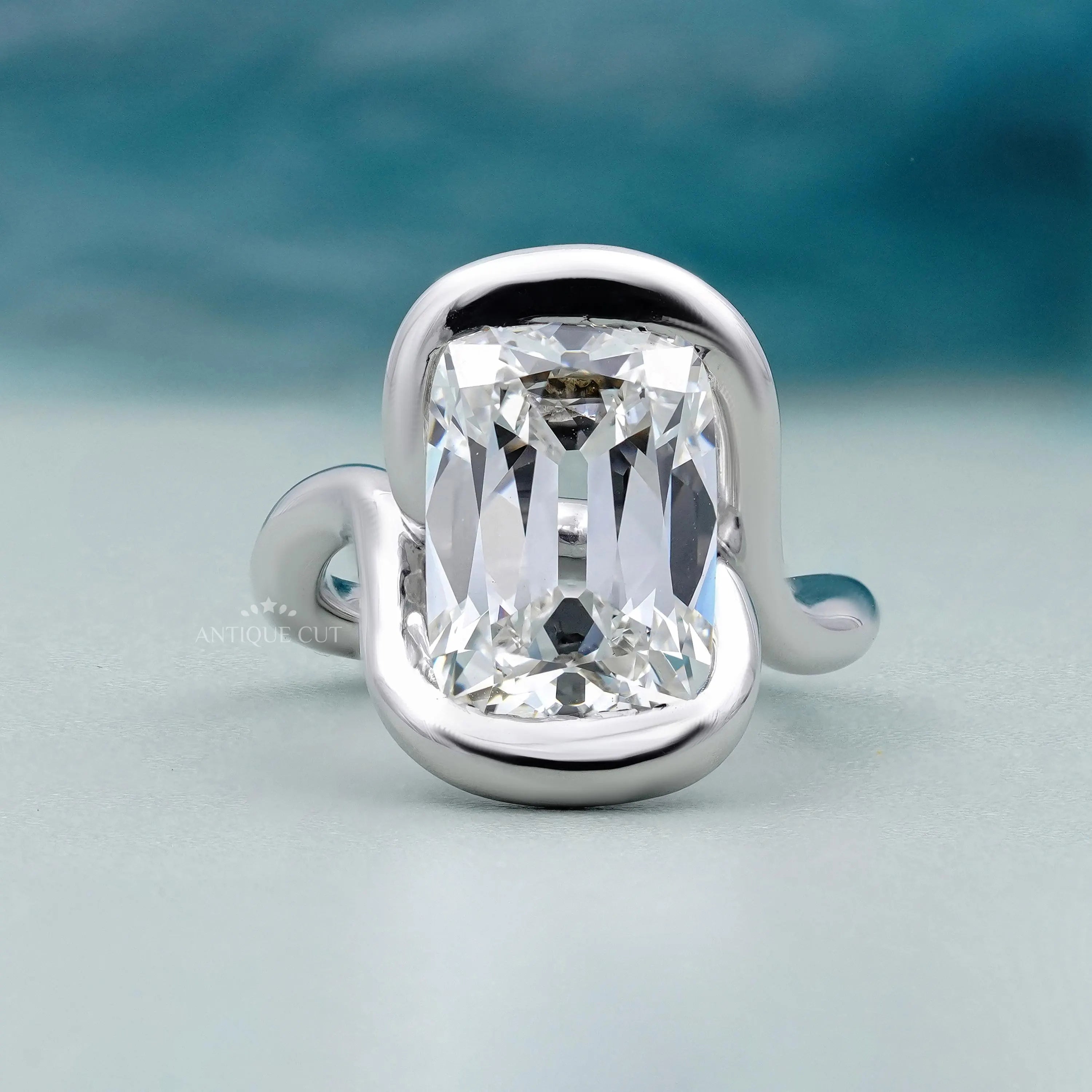 Old Mine Cushion Cut Diamond With Swirl Bezel Set Engagement Ring White Gold IGI Certified