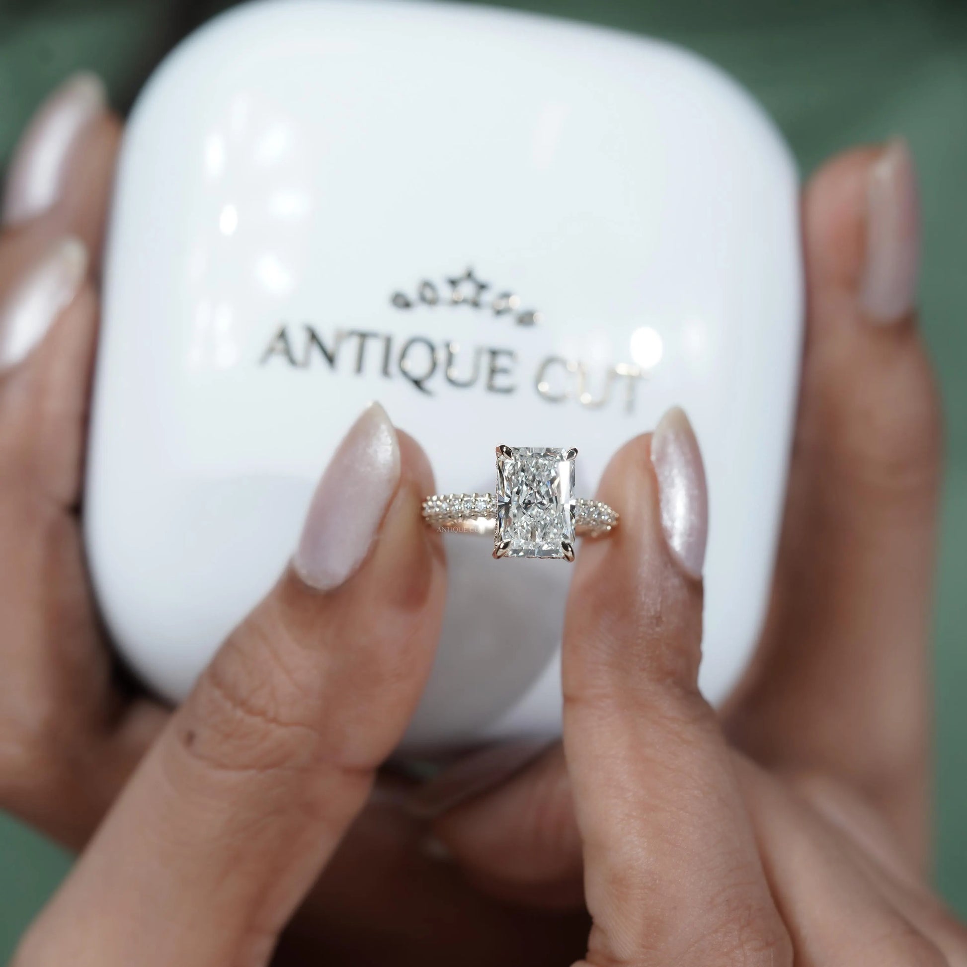 3.43tcw Emerald Lab-Grown Diamond Engagement Ring | Hidden Halo | Pave Band | Ethical Gold Ring