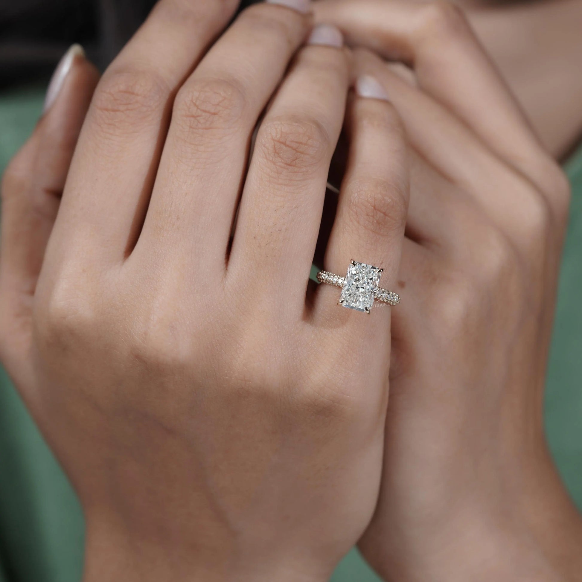 3.43tcw Emerald Lab-Grown Diamond Engagement Ring | Hidden Halo | Pave Band | Ethical Gold Ring