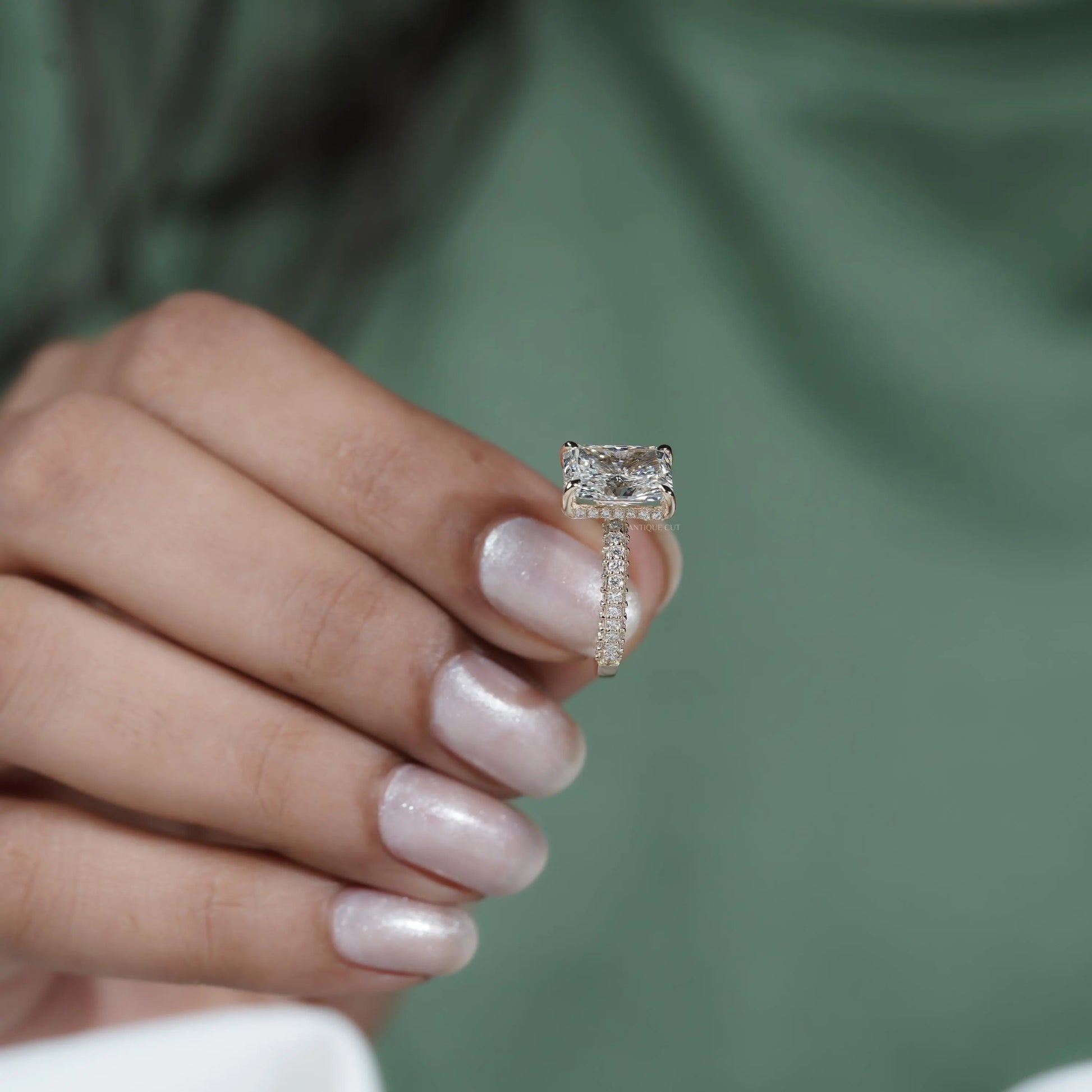 3.43tcw Emerald Lab-Grown Diamond Engagement Ring | Hidden Halo | Pave Band | Ethical Gold Ring