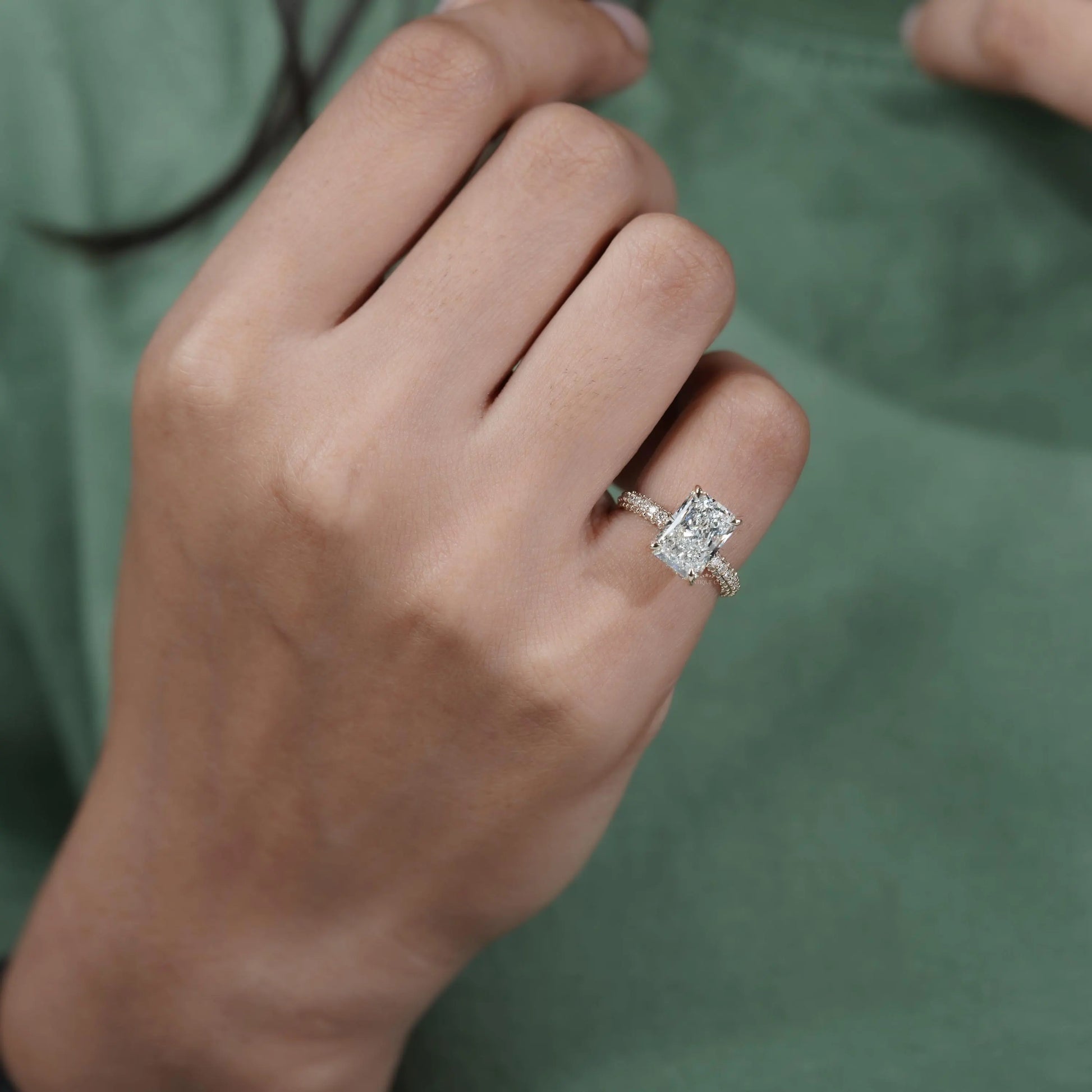 3.43tcw Emerald Lab-Grown Diamond Engagement Ring | Hidden Halo | Pave Band | Ethical Gold Ring