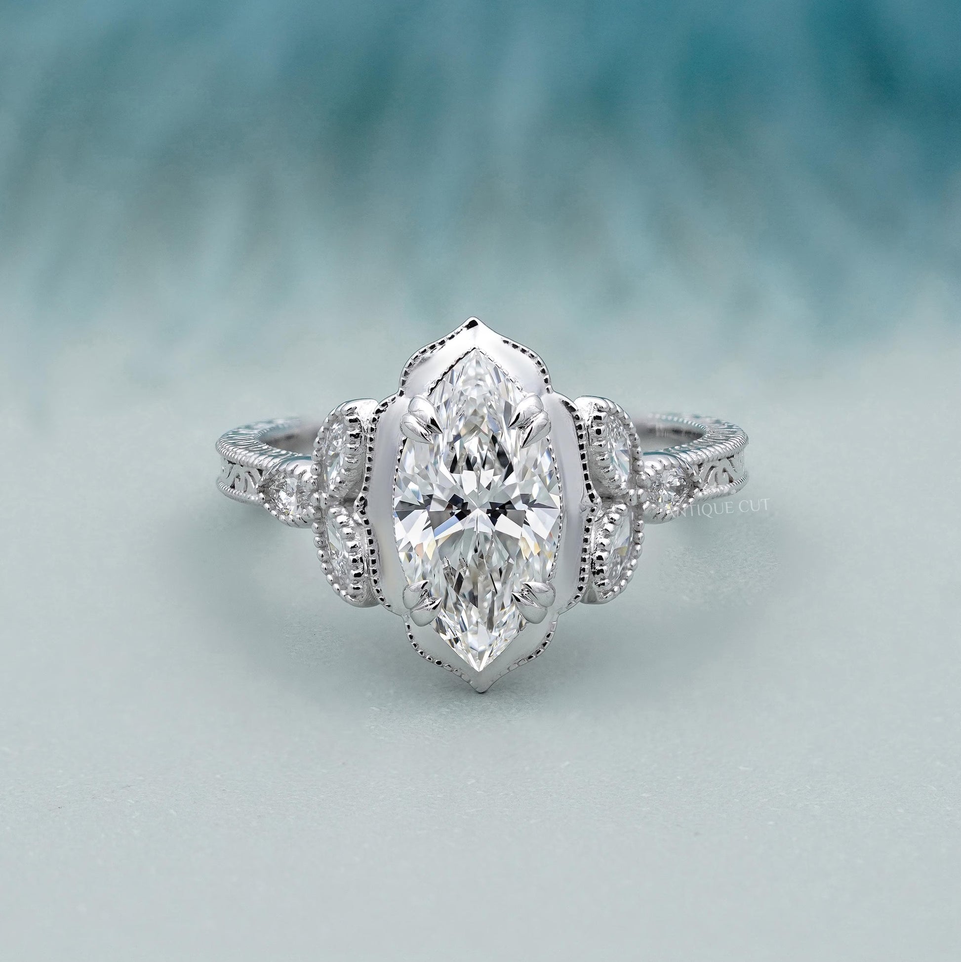 Vintage Engagement Rings Marquise Cut With Side Stones IGI Certified